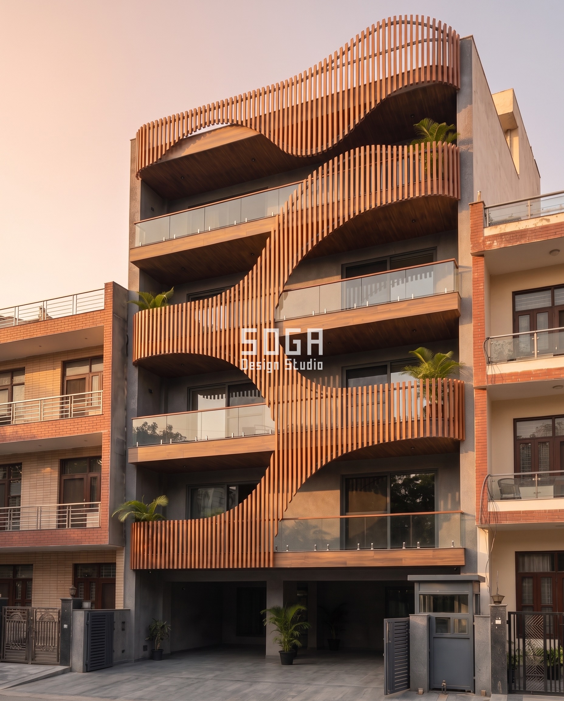 Wooden louver facade dusk elevation G+4 residential India - SOGA Design Studio