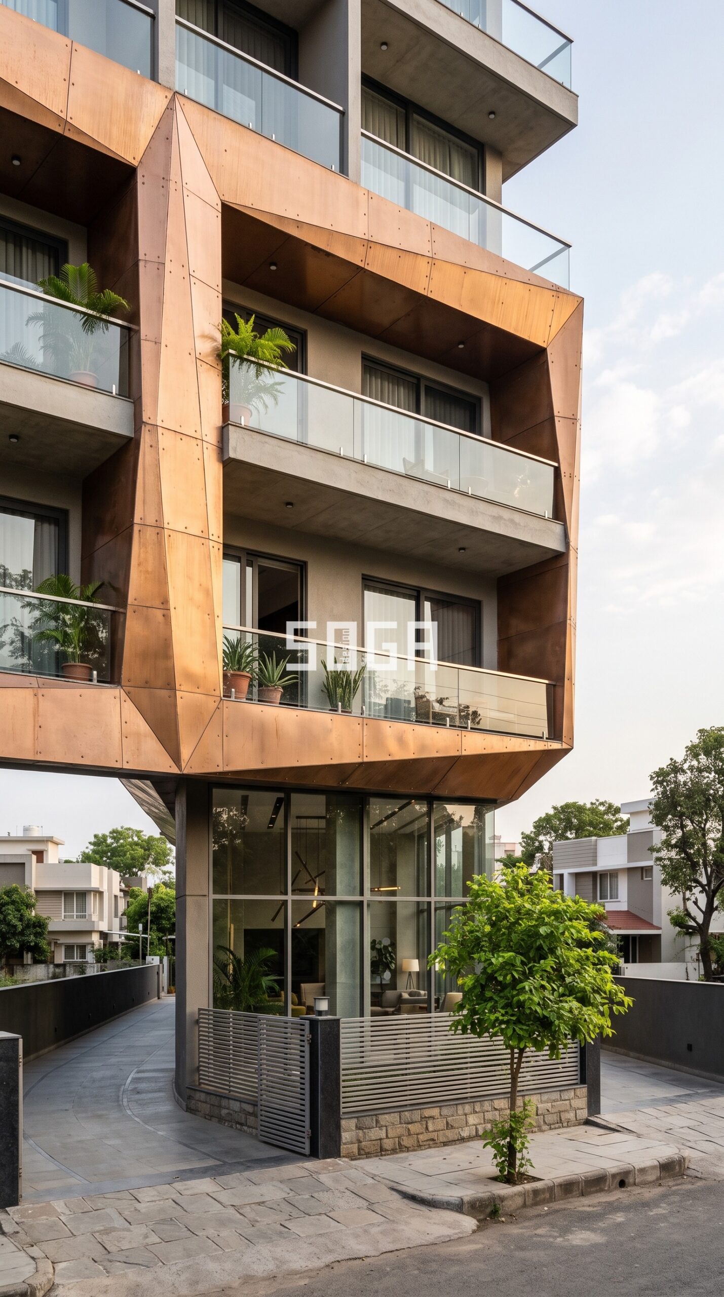 Parametric Facade Design in India: Trends, Systems & What's Buildable in 2026 1 Pinwheel rotated metal panel parametric facade in Bhopal - SOGA Design Studio