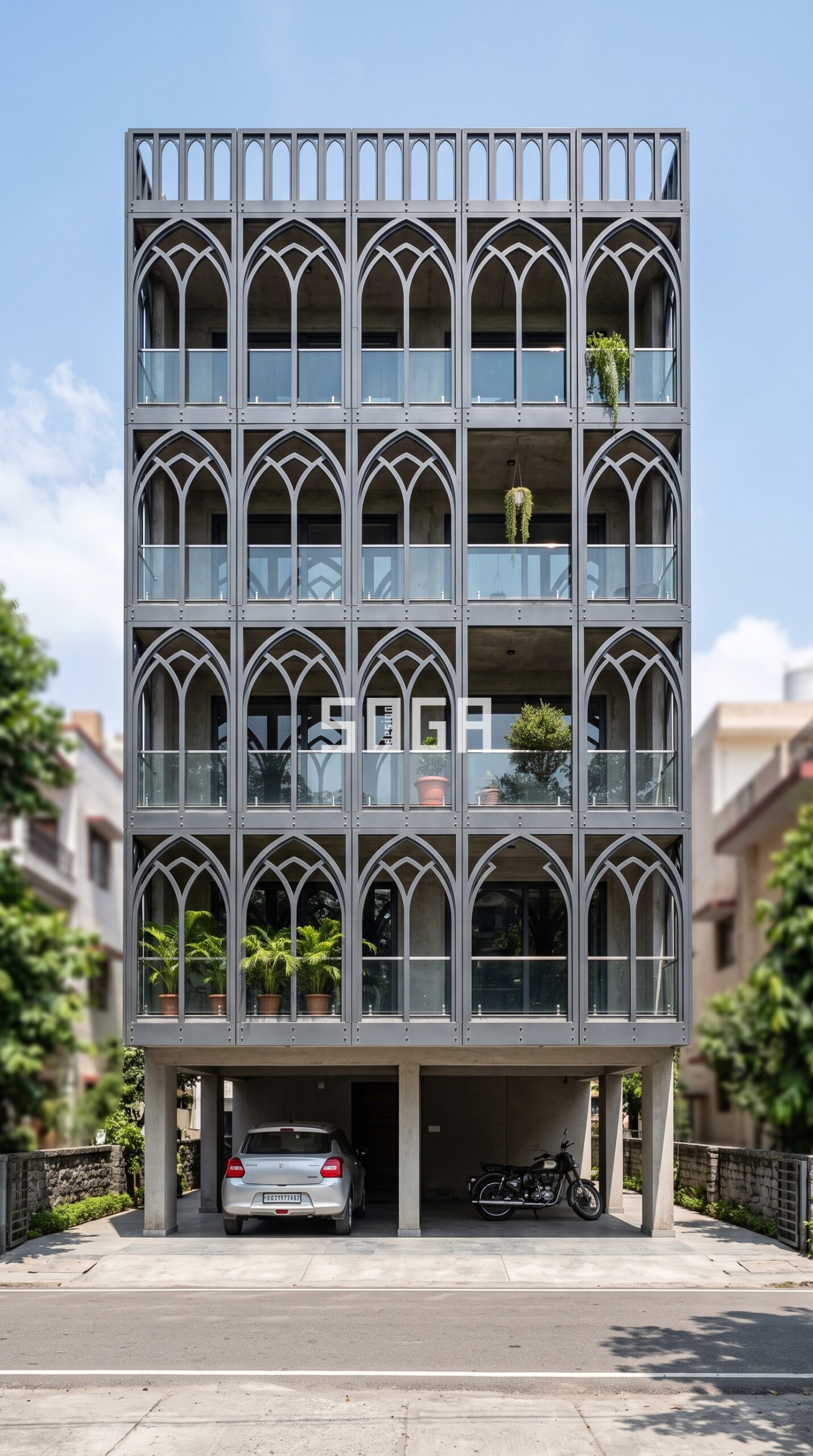 Facade vs Elevation: The Difference Every Homeowner in India Should Know 1 Gothic-inspired arched metal screen facade on a residential building in Dehradun - SOGA Design Studio