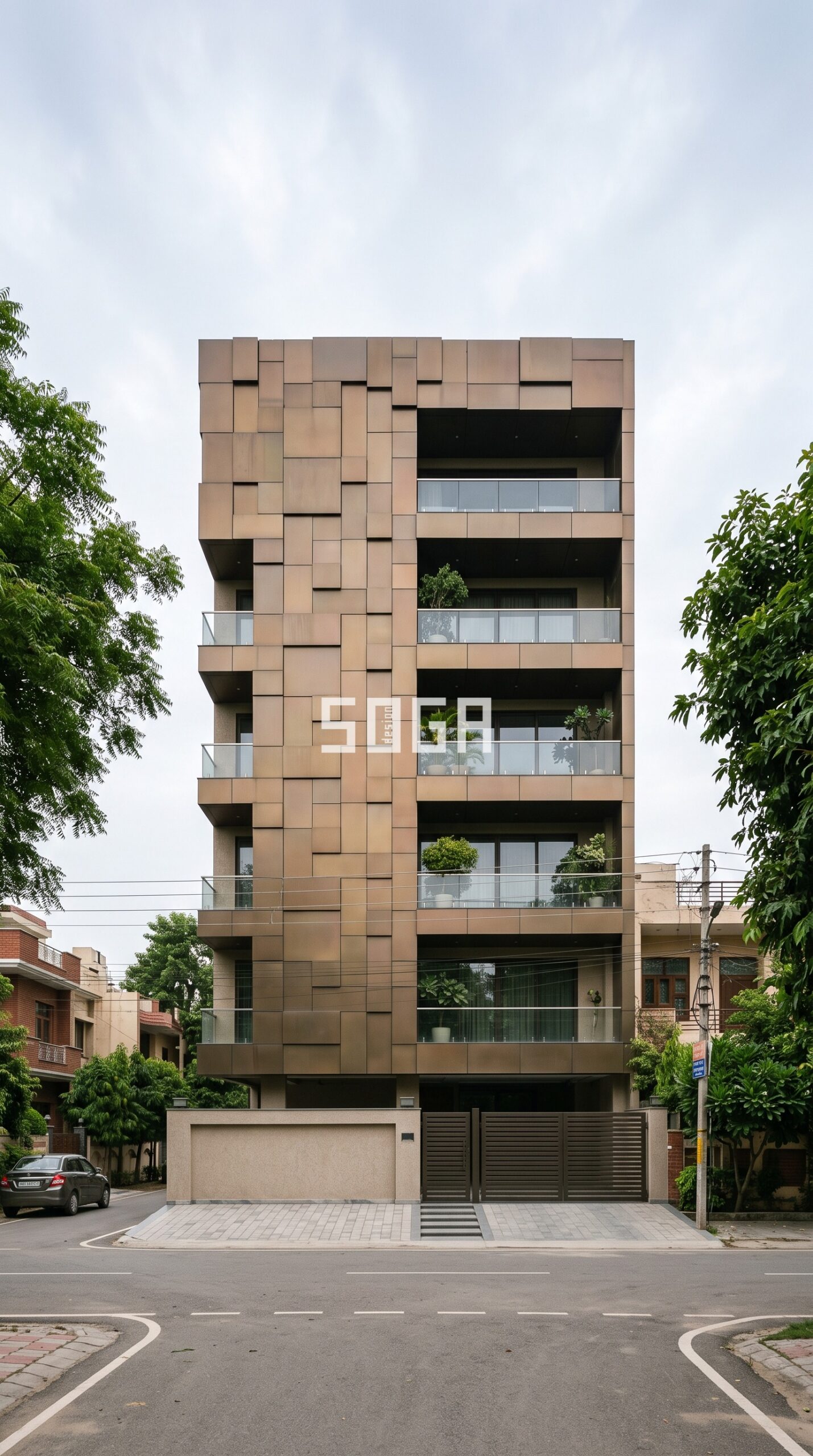 Pixelated bronze mosaic metal tile facade in Gurugram - SOGA Design Studio