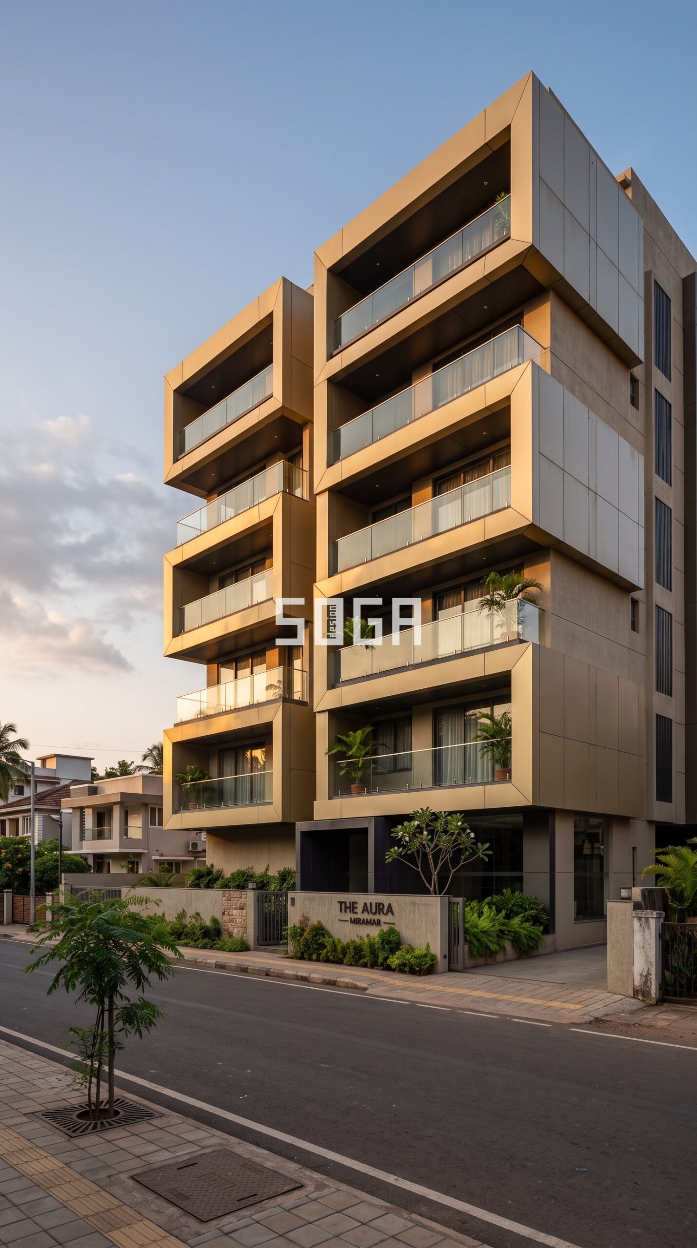 Facade vs Elevation: The Difference Every Homeowner in India Should Know 2 Residential building facade in Goa with champagne gold recessed balconies - SOGA Design Studio