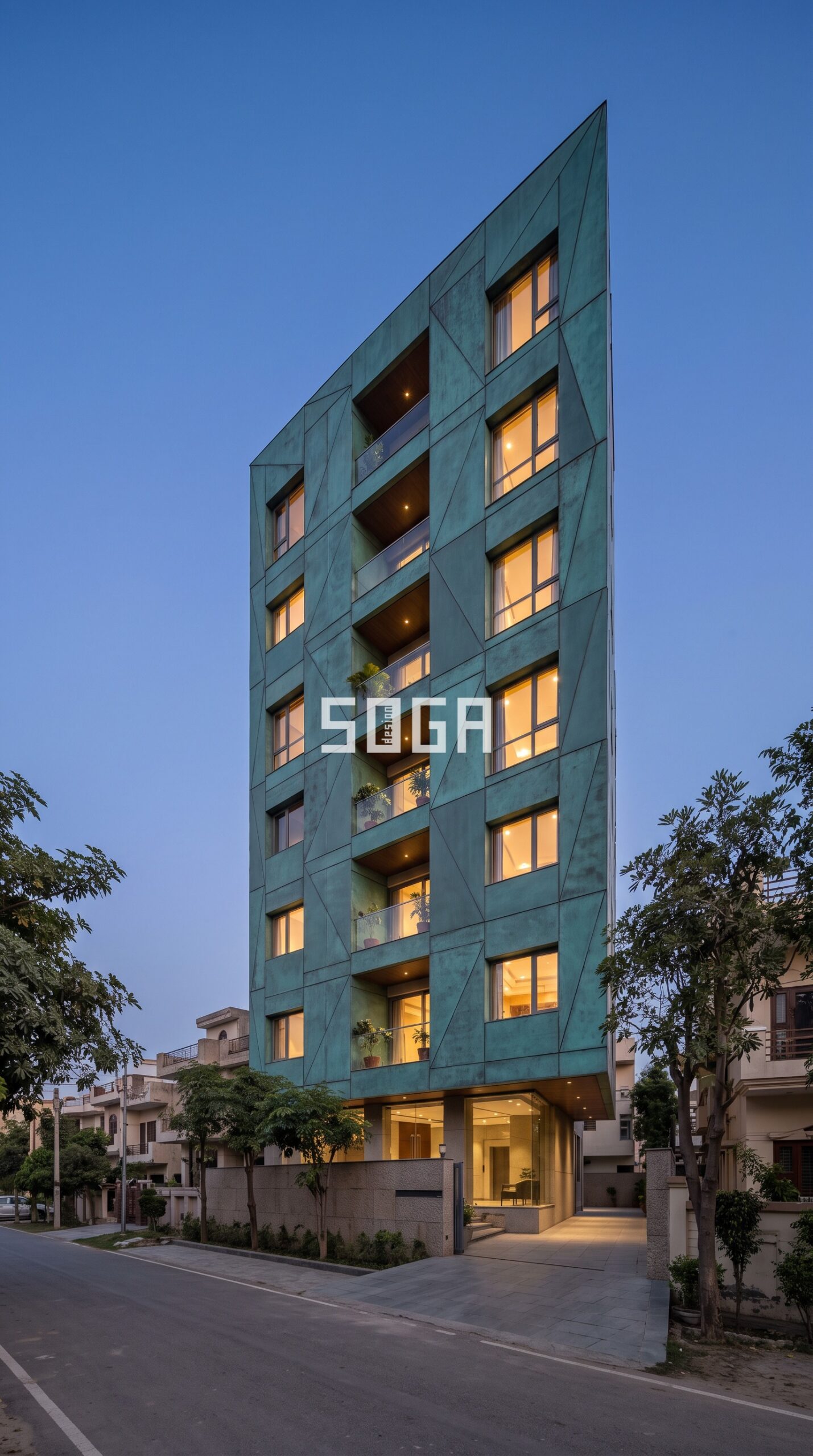 Facade vs Elevation: The Difference Every Homeowner in India Should Know 3 Interlocking triangular panel copper facade in Mohali - SOGA Design Studio