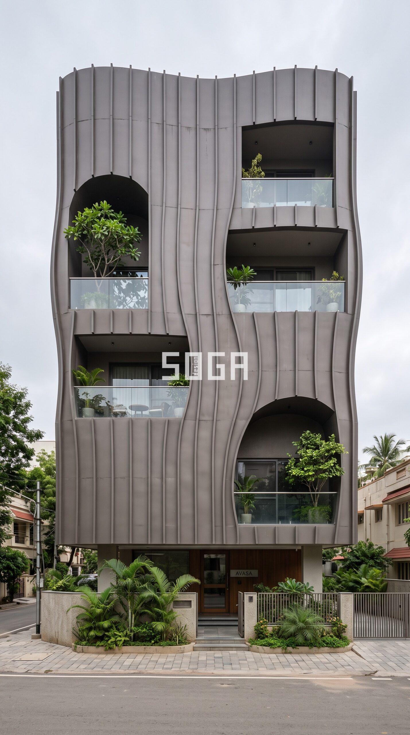 Undulating vertical metal rib facade in Hyderabad - SOGA Design Studio