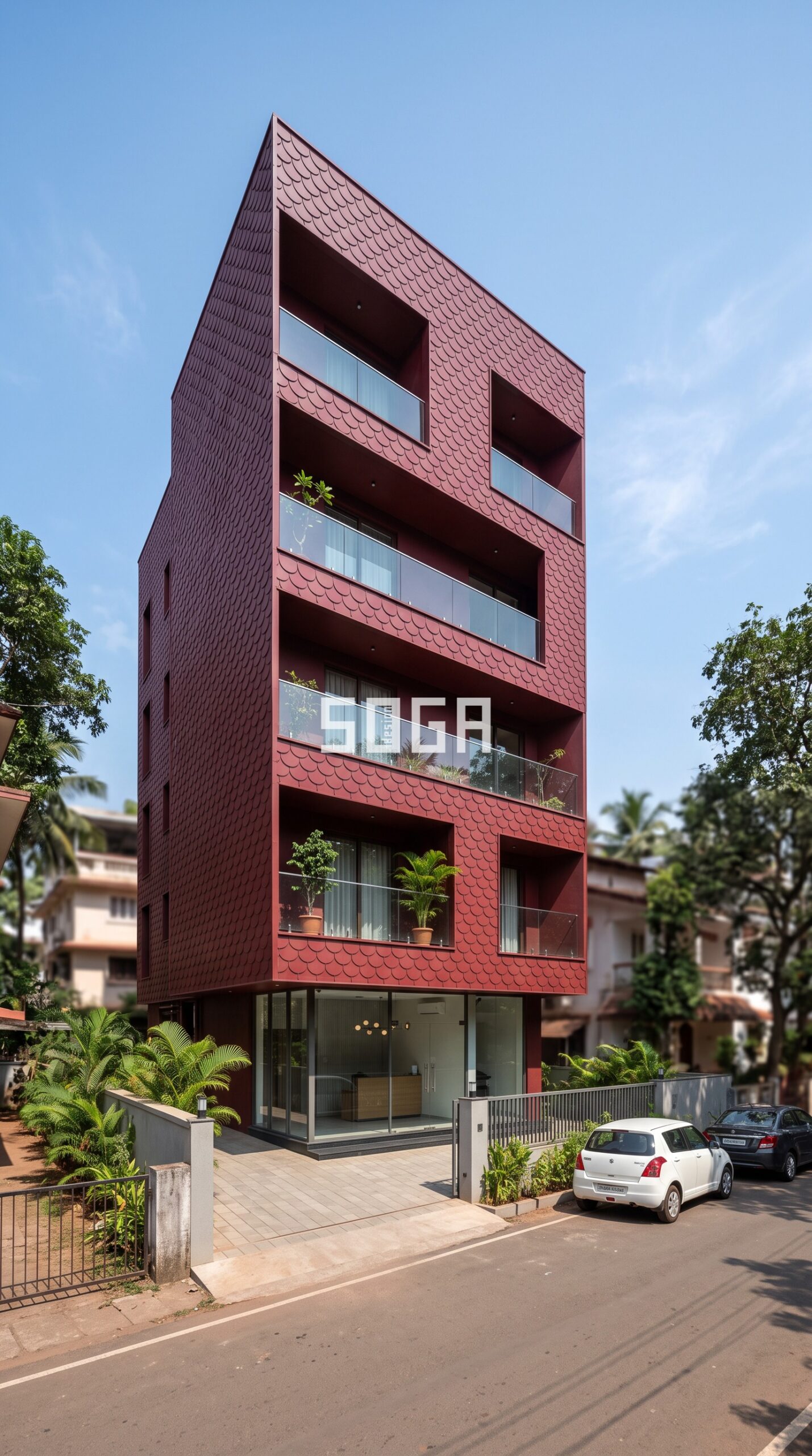 Fish scale metal shingle facade in Goa - SOGA Design Studio