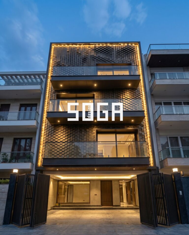 3D block facade of faceted metal panels lit at night across a residential elevation in India