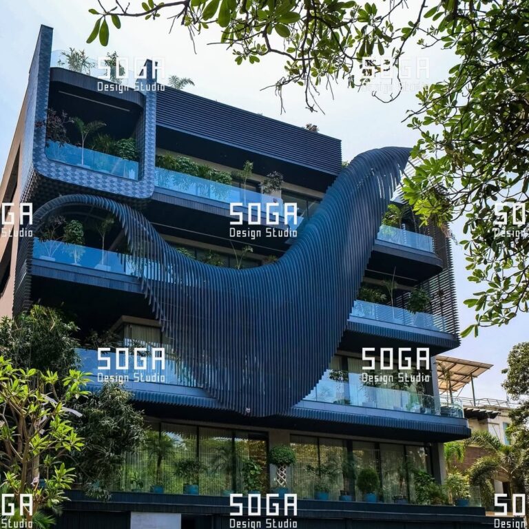 SOGA Slicing Fin Facade: The Complete Guide to Parametric Vertical Fin Systems 2 Slicing fin facade of vertical metal fins forming a wave across a building elevation in India