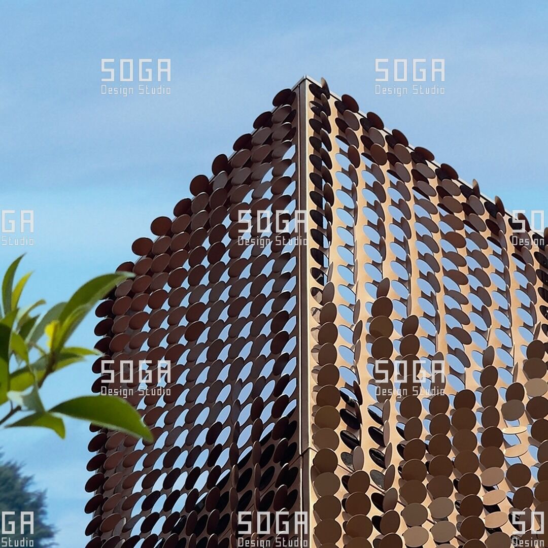 SOGA Coin Facade: The Complete Guide to Circular Parametric Metal Panels 4 Coin facade corner showing circular discs carried on a vertical spine frame against the sky