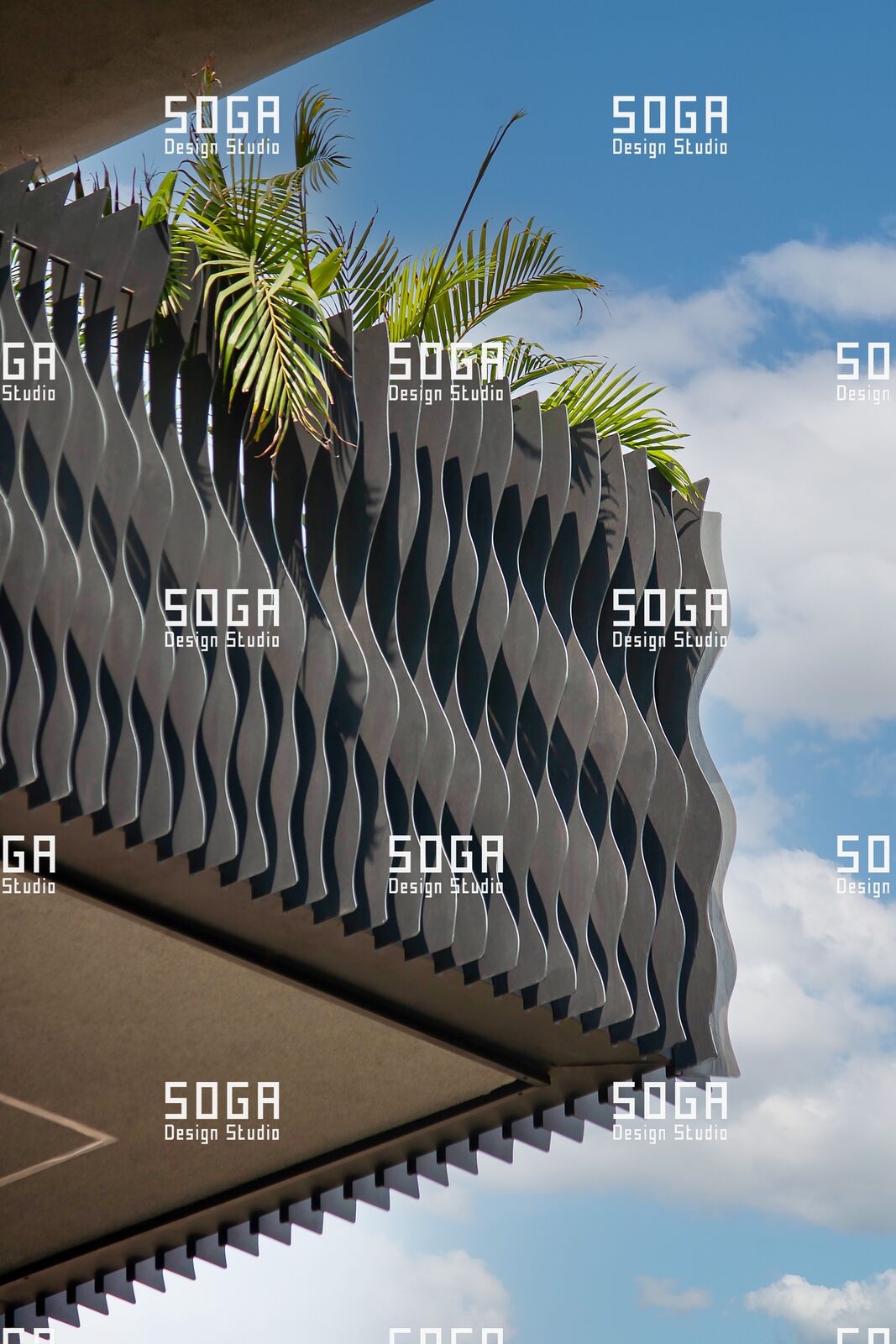 SOGA Slicing Fin Facade: The Complete Guide to Parametric Vertical Fin Systems 5 Underside view of a slicing fin facade showing fins meeting the slab edge and the supporting bracket line