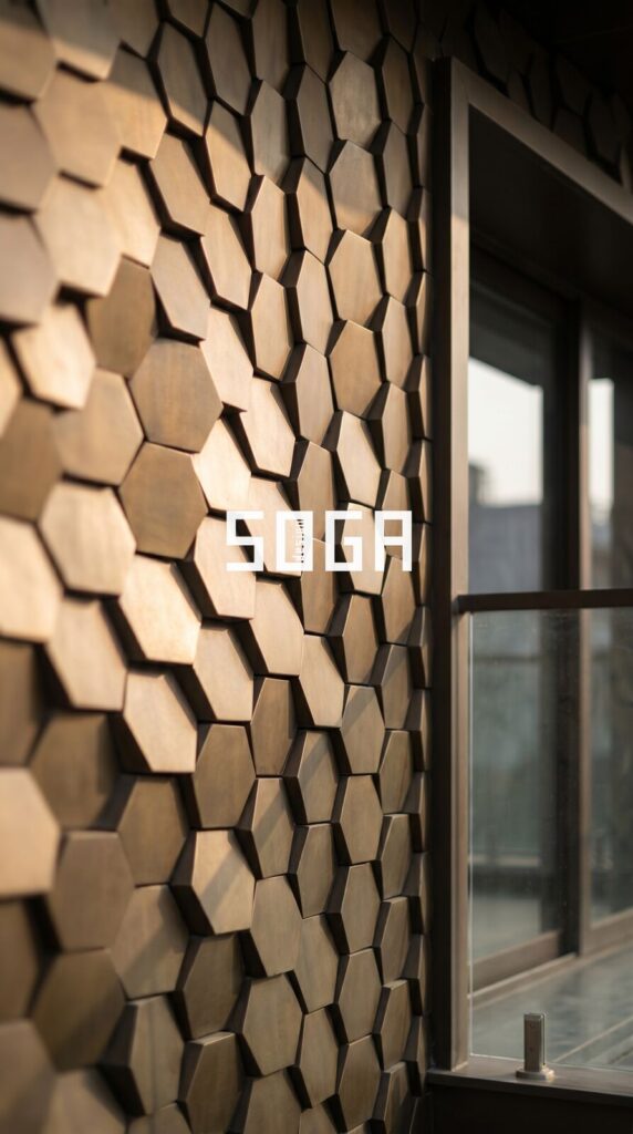 Oblique view of a 3D block facade beside a window reveal, showing joint lines and shadow gaps between modules