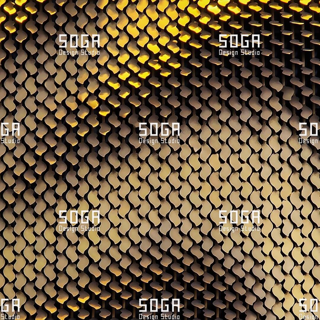 Sequin facade pattern showing a gradient of scale angle across a field of metal scales
