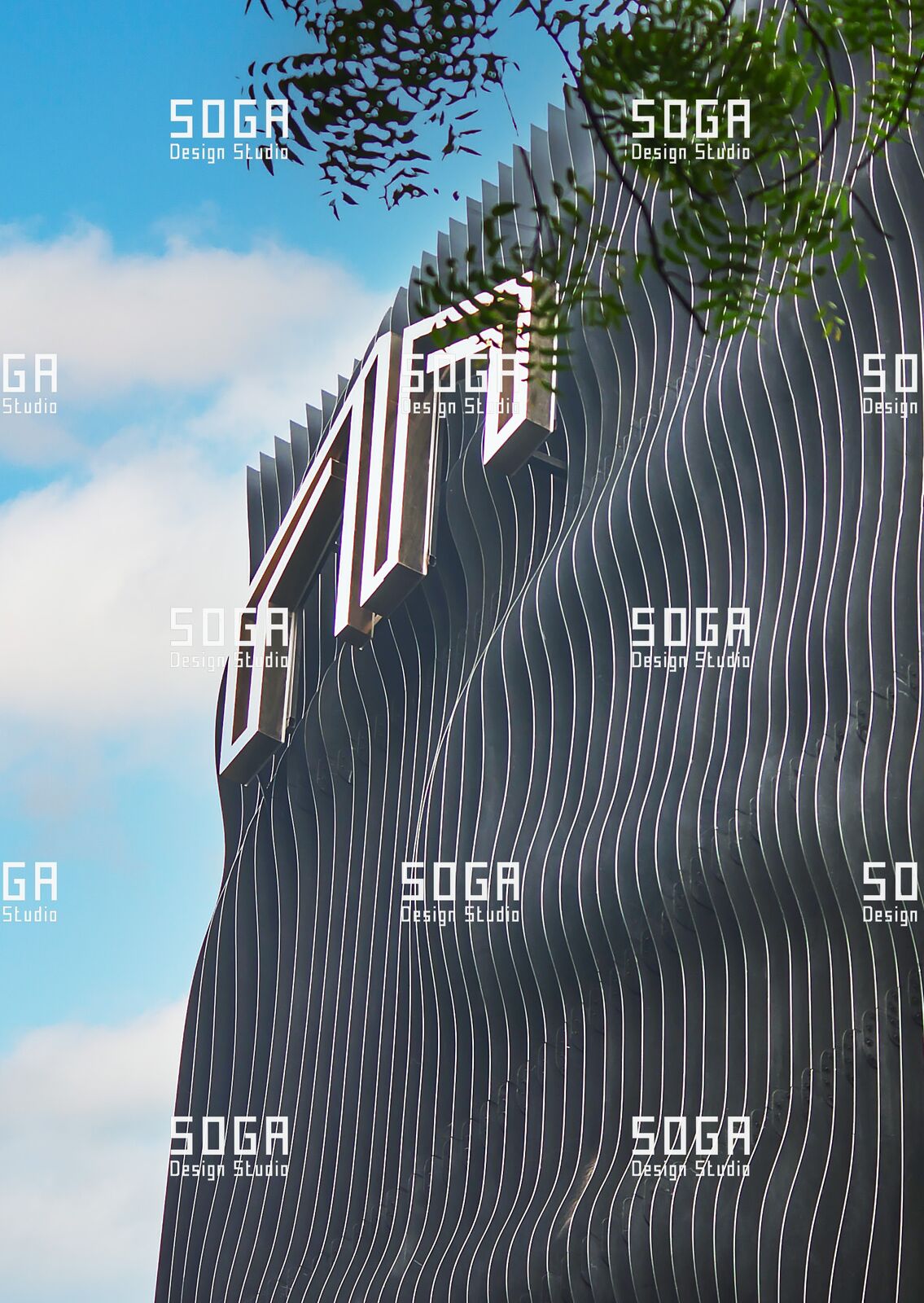 SOGA Slicing Fin Facade: The Complete Guide to Parametric Vertical Fin Systems 6 Slicing fin facade seen from below against the sky, showing how fin angle controls solar shading and glare