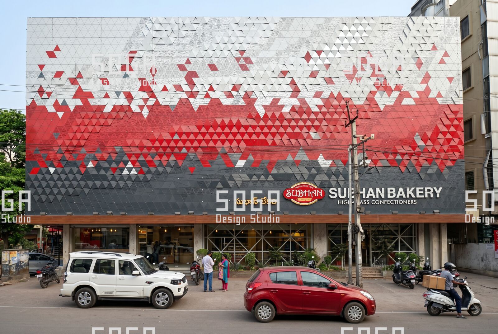 Commercial 3D block facade where varying panel depth and colour carry a gradient pattern across the whole elevation