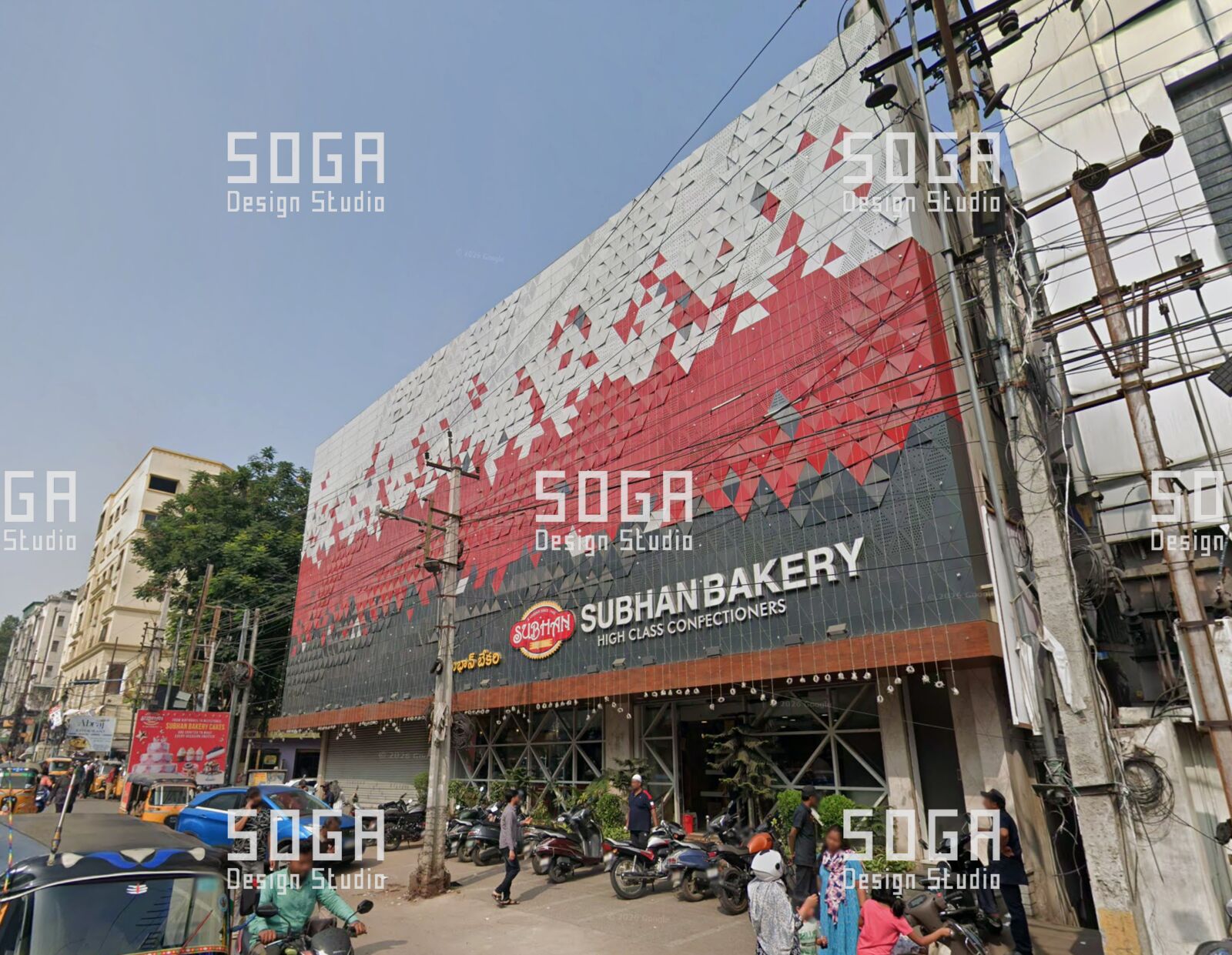 How SOGA 3D Block Facade Panels Are Manufactured: Folding, Depth Tolerance and Rigidity 7 3D block facade with multiple colours across a faceted panel field on a commercial elevation