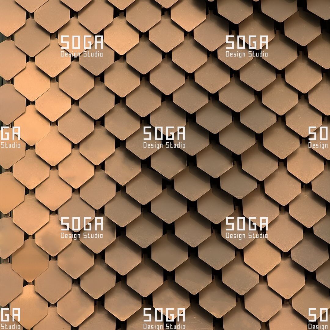 Uniform field of sequin facade metal scales showing consistent forming and finish across the assembly