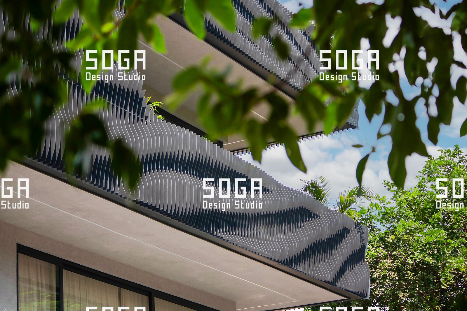 SOGA Slicing Fin Facade: The Complete Guide to Parametric Vertical Fin Systems 7 Oblique view along a slicing fin facade showing fin straightness across the length of the elevation