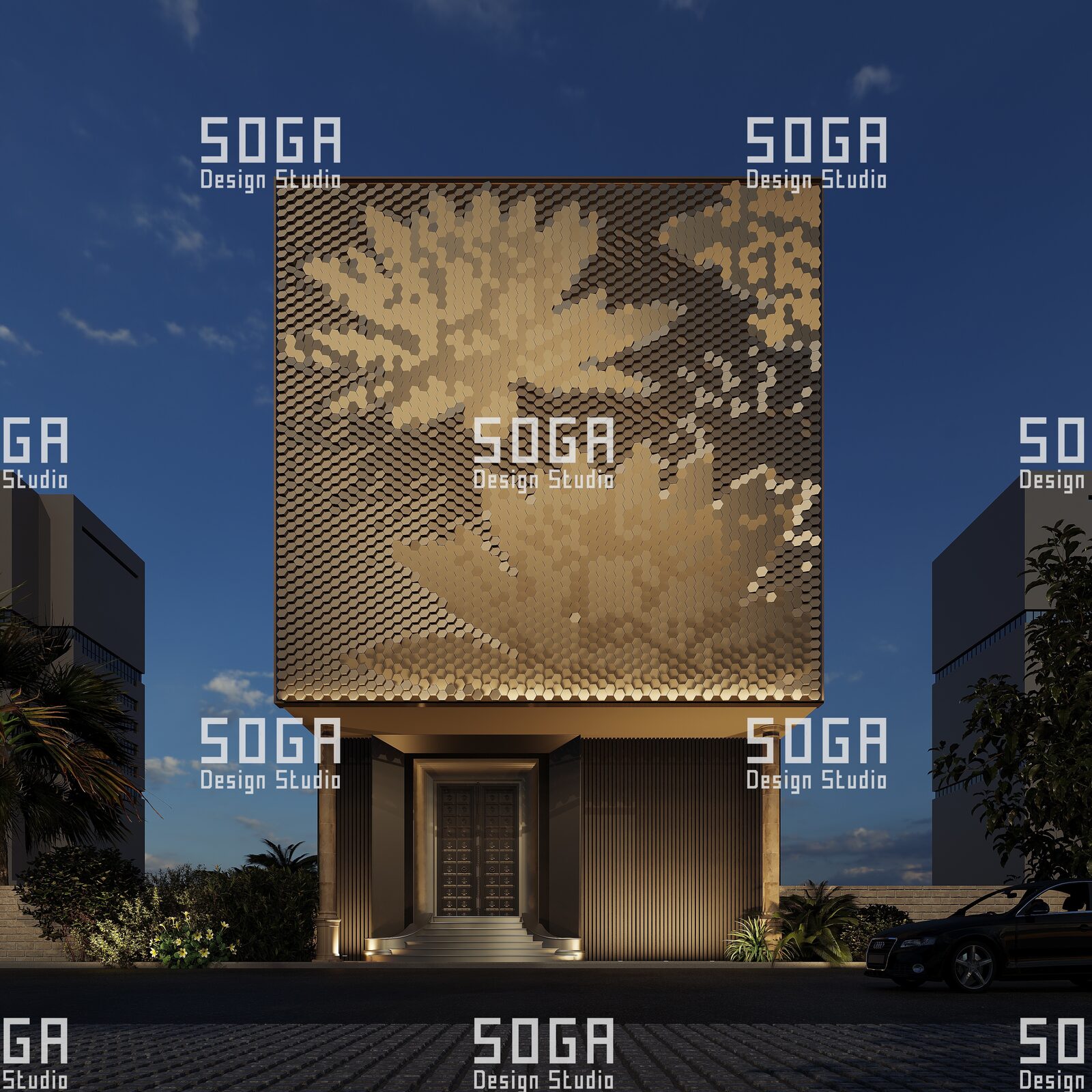 Designed in India, Engineered in India: How Parametric Facade Systems Became Manufacturable for Indian Projects 8 3D block facade of modular metal panels with varying projection depth forming a low-relief pattern on a building elevation at night