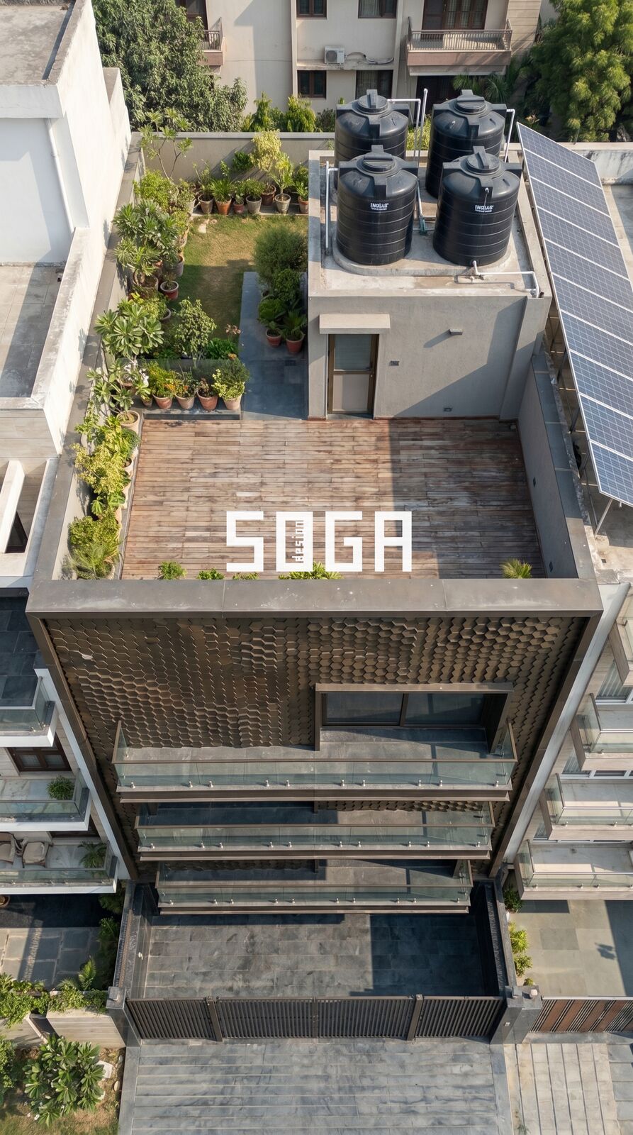 How SOGA 3D Block Facade Panels Are Manufactured: Folding, Depth Tolerance and Rigidity 8 Aerial view of a 3D block facade field across a building, showing the installed panel layout
