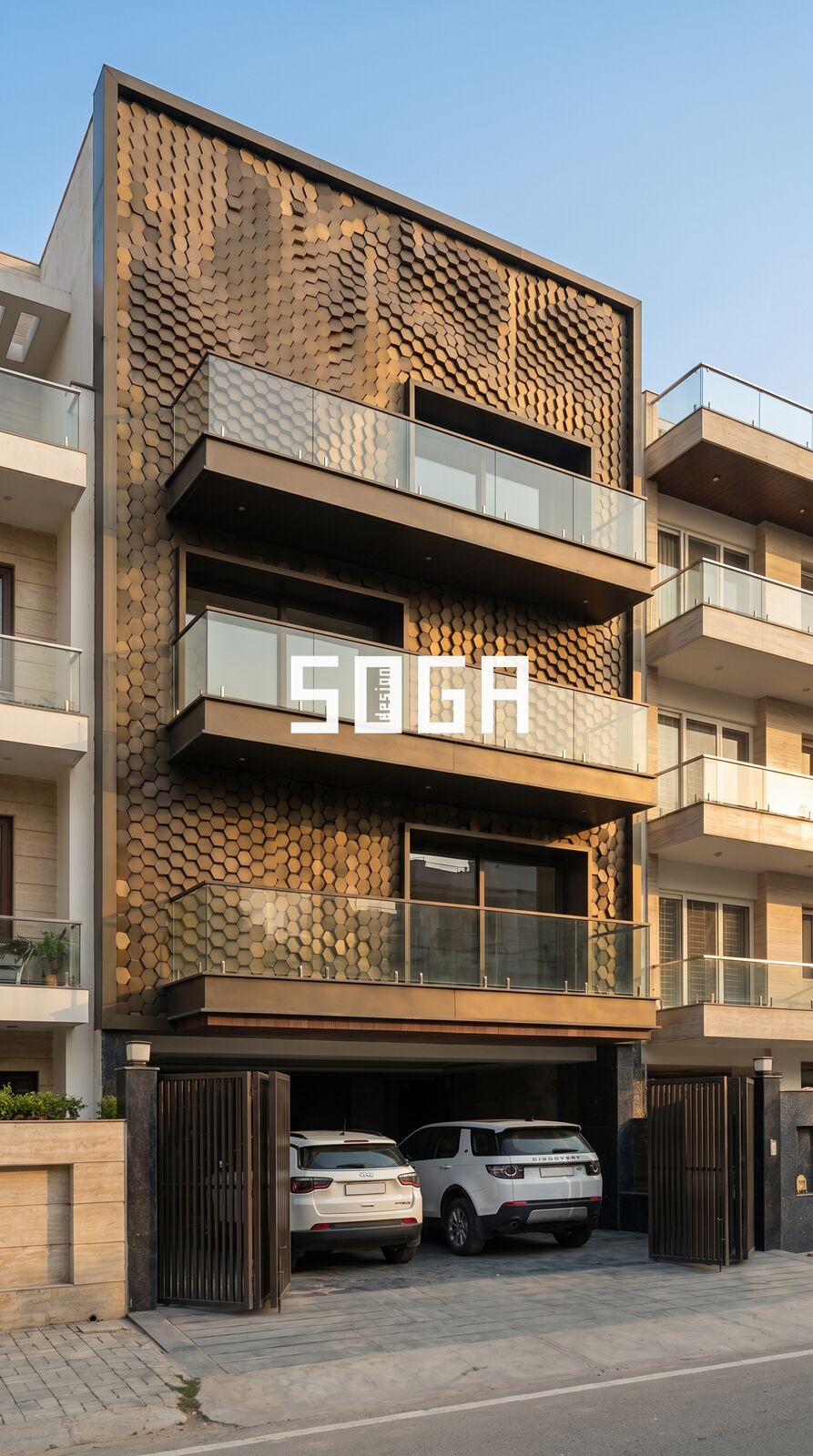 3D block facade of relief panels across a residential building elevation in daylight in India
