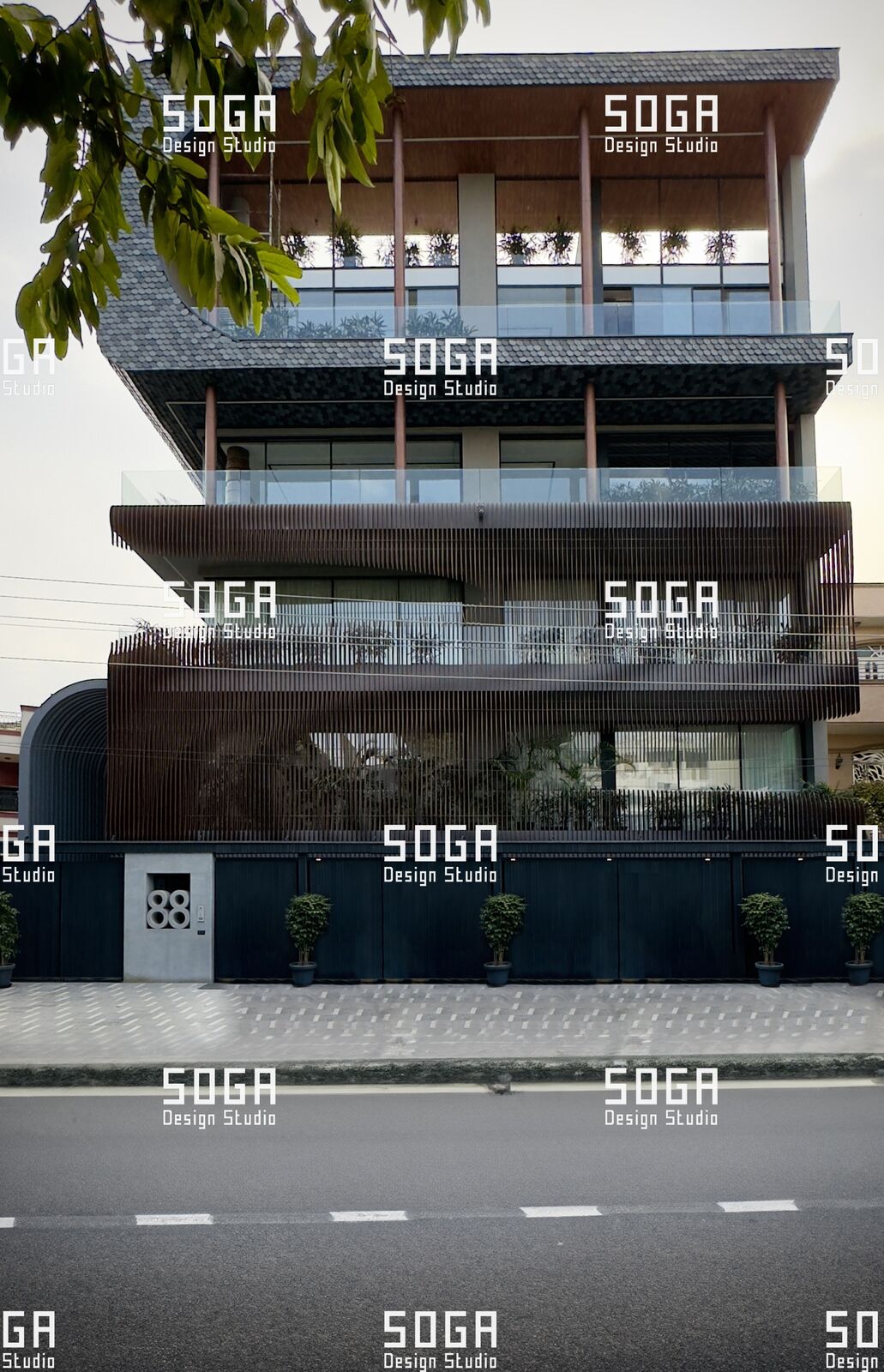 Computational Design for Facades in India: From Algorithm to Fabrication Drawing 8 Parametric facade meeting the primary building structure across a full elevation in an Indian street context
