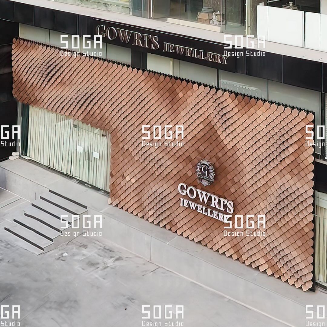 How the SOGA Sequin Facade Is Manufactured: Scale Geometry, Nesting and Material Yield 8 Installed sequin facade seen obliquely, showing courses running continuously across the elevation