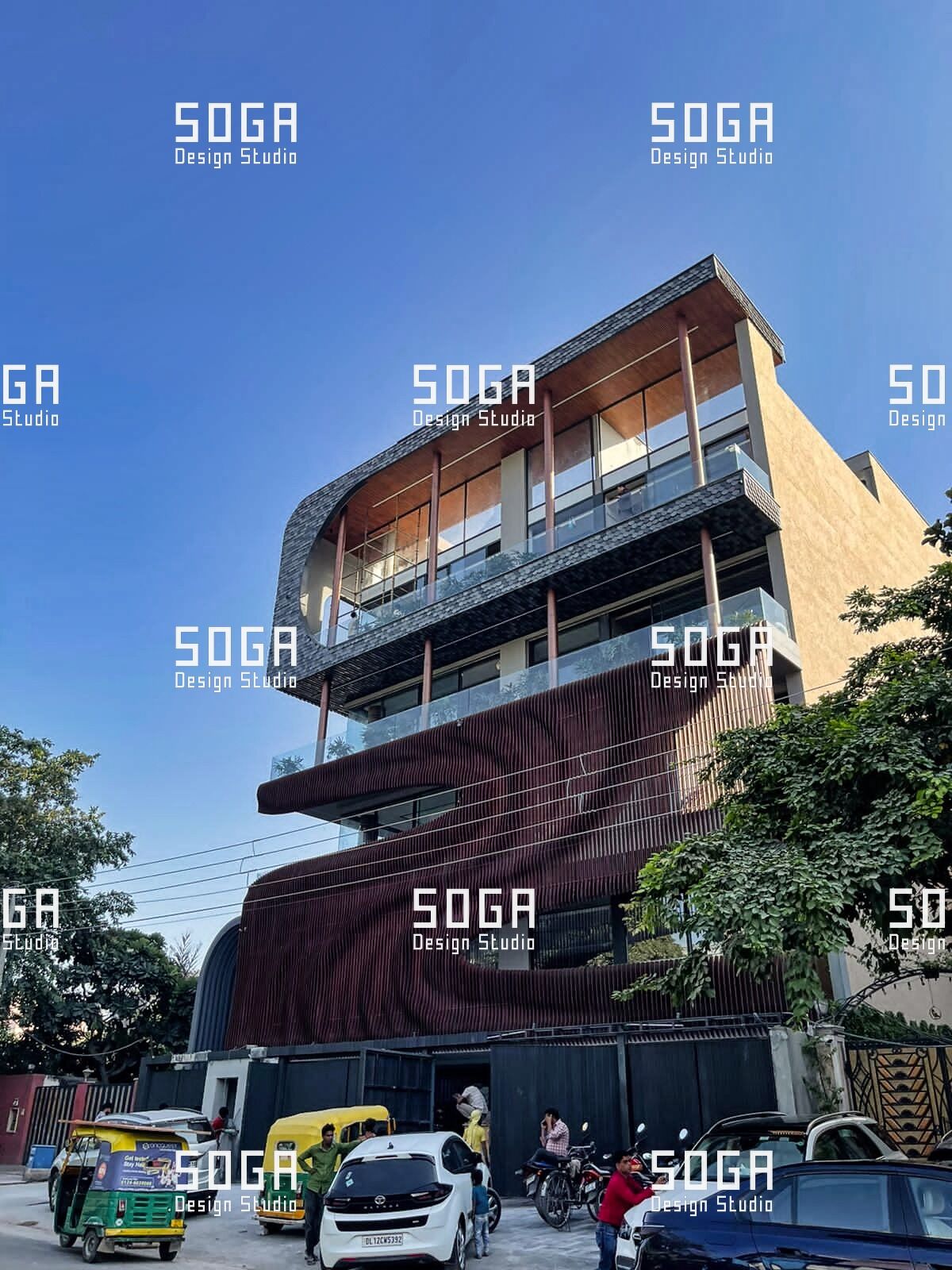 SOGA Slicing Fin Facade: The Complete Guide to Parametric Vertical Fin Systems 8 Slicing fin facade on a residential building elevation in an Indian street context, providing shading and privacy