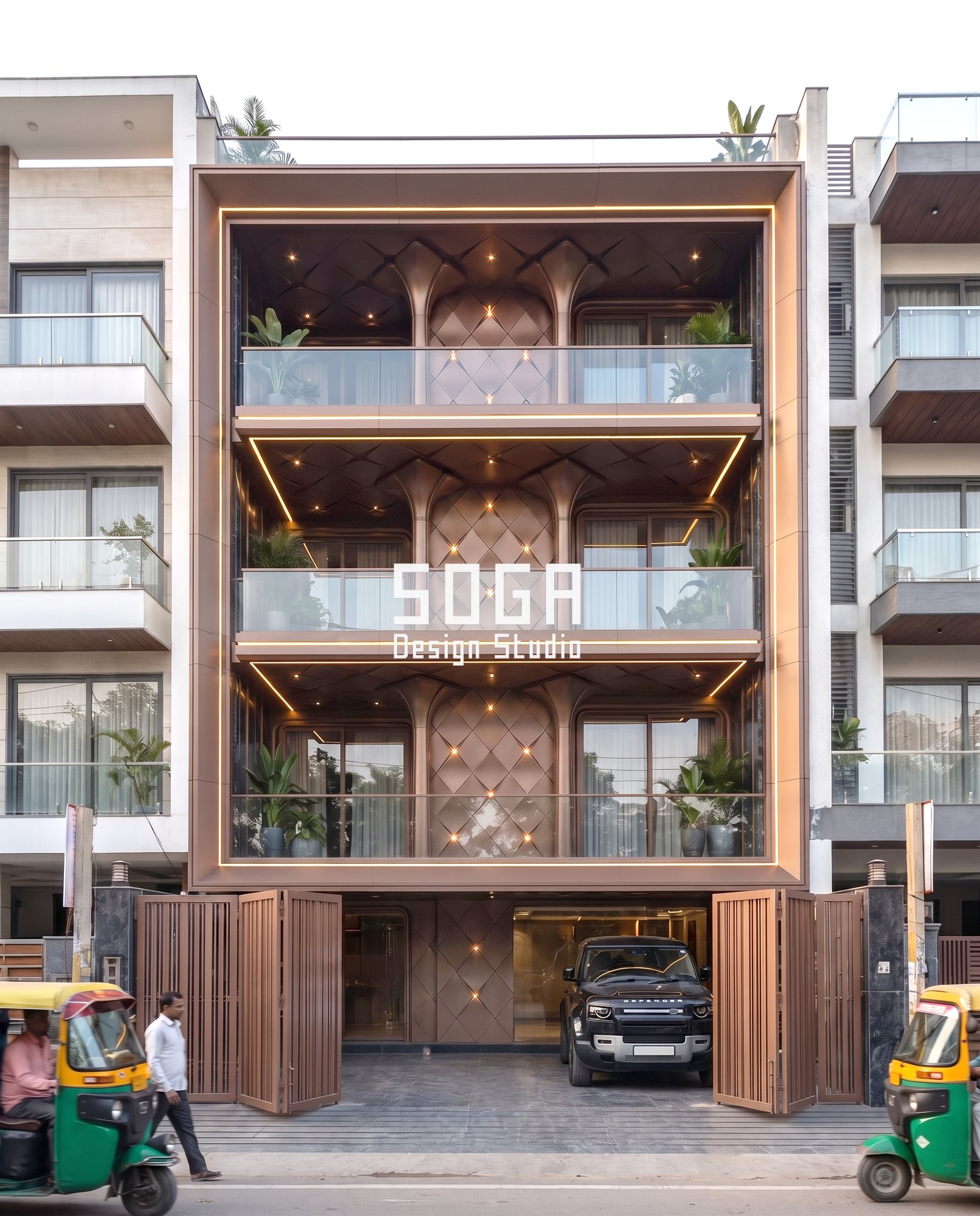 30 Feet Front Elevation Design India 2026: 6 Ideas & Cost 3 Bronze portal frame 30 feet front elevation with quilted metal infill panels and LED cove lighting, India — SOGA Design Studio