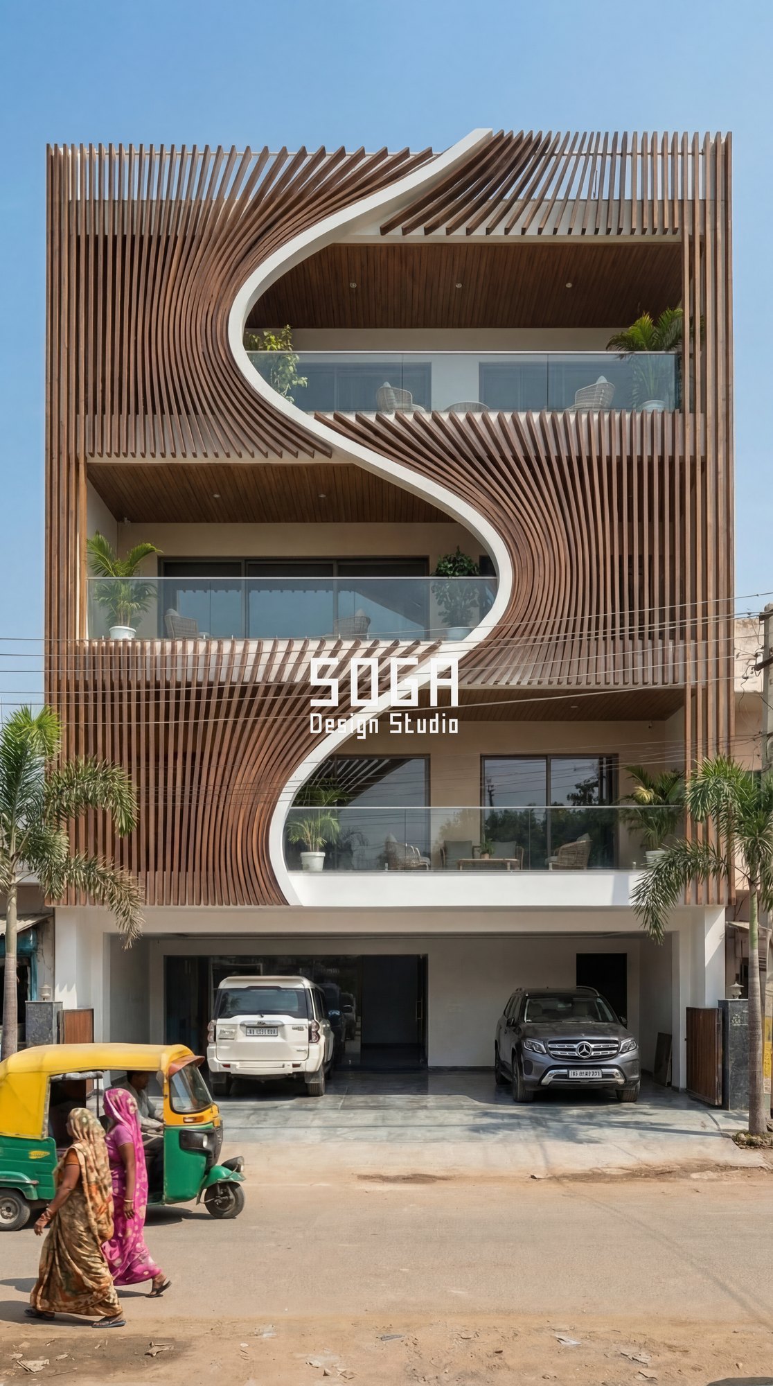 S-curve timber-finish louver ribbon wrapping a narrow-front G+3 house elevation in India — SOGA Design Studio
