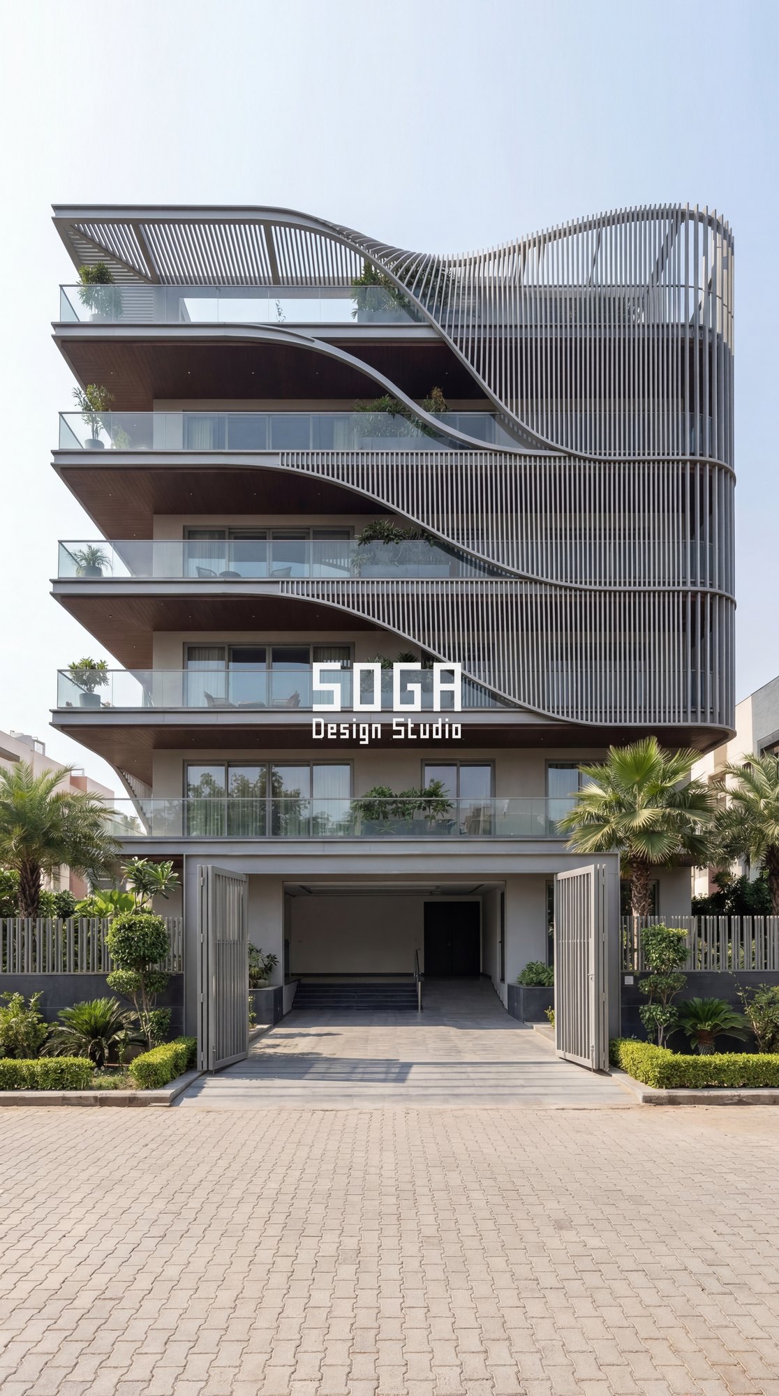 G+4 residential elevation with stacked wave balconies and a vertical fin screen crown, India — SOGA Design Studio