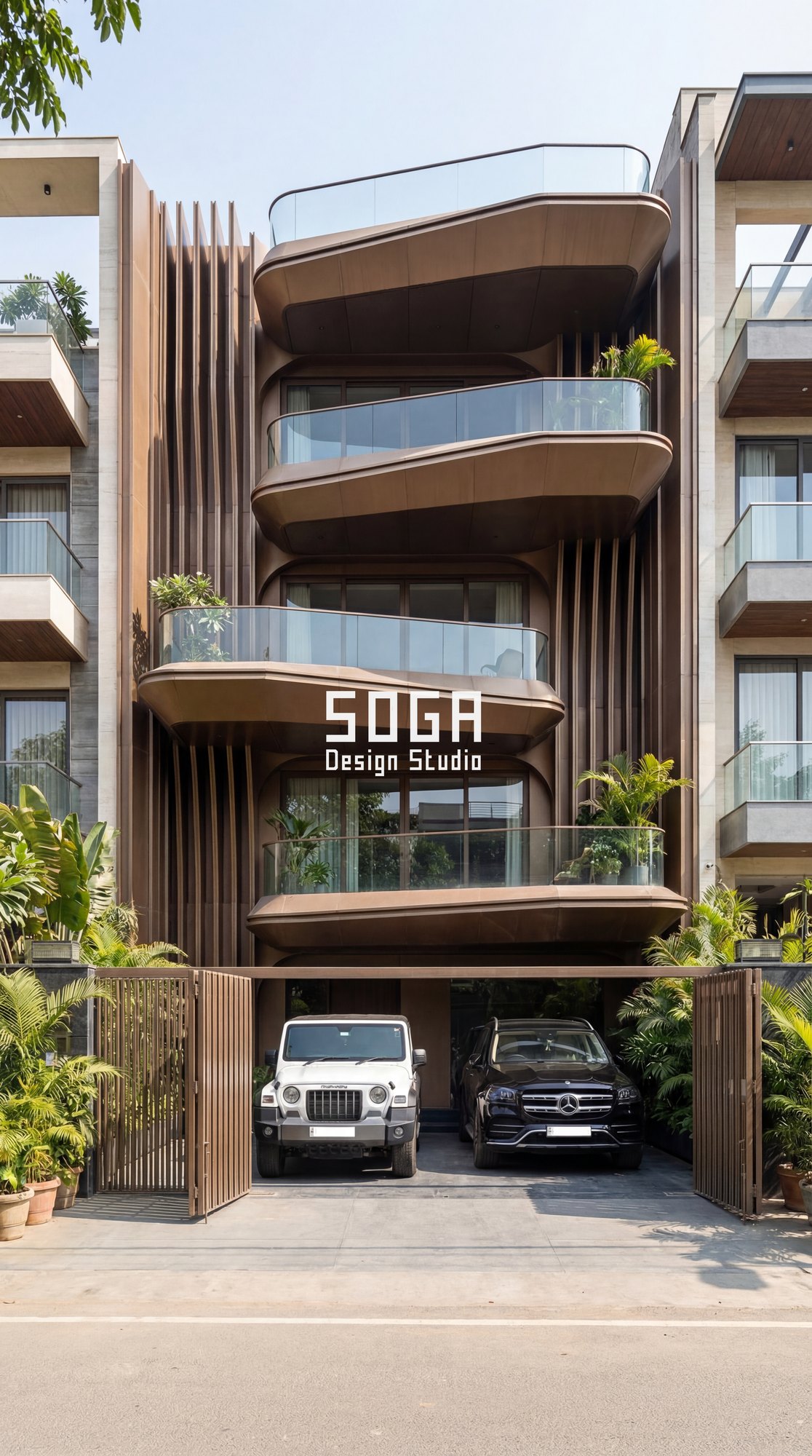Rounded bronze balcony pods and vertical fins on a narrow-front residential elevation in India — SOGA Design Studio