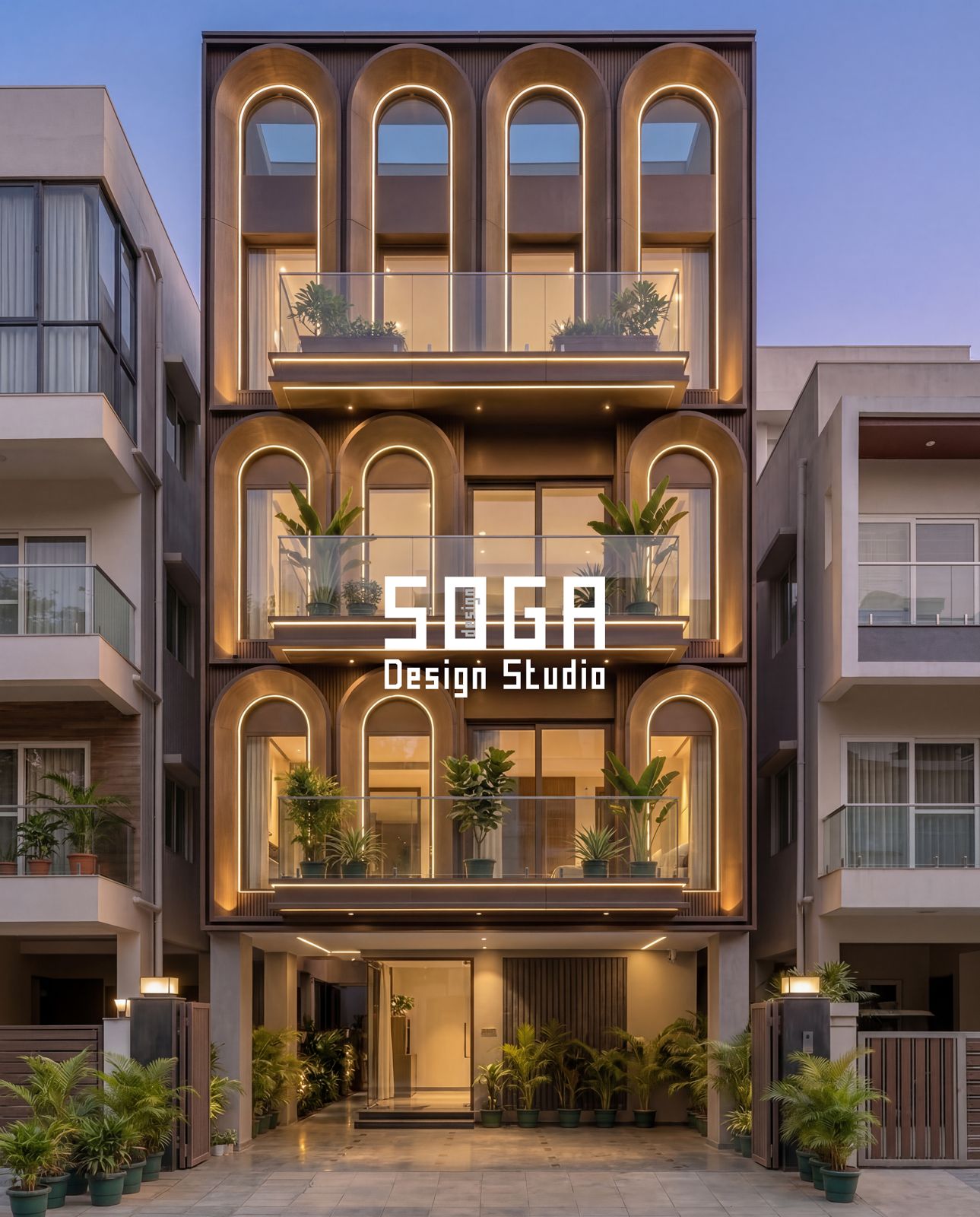 G+3 & G+4 Elevation Design India 2026: 8 Modern Facades 7 Arched bay elevation with warm cove lighting on a G+3 house in India, modern arch facade