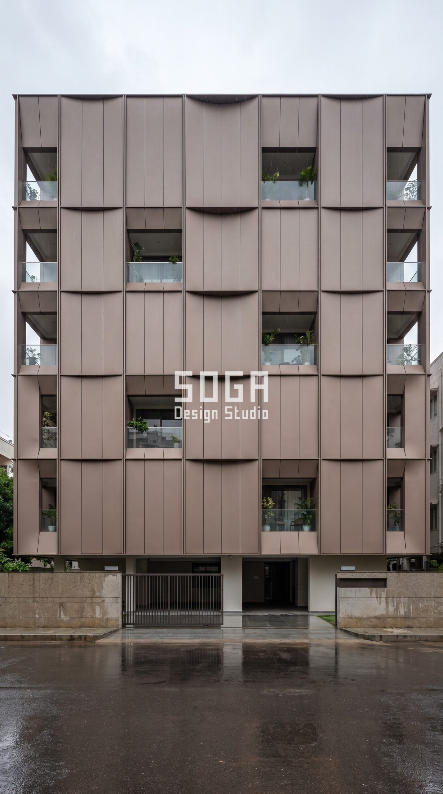 Birds Nesting Behind Elevation Panels India: 20 mm Rule 4 Parametric Trough Shell ral 8025 brown steel facade, Jubilee Hills, Hyderabad - SOGA Design Studio