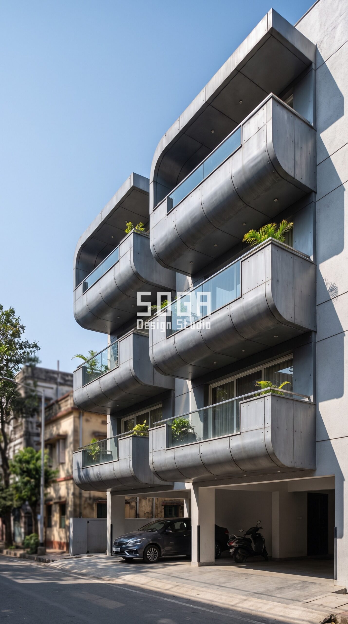 Birds Nesting Behind Elevation Panels India: 20 mm Rule 1 Parametric Prow Shell aged pewter grey zinc alloy facade, Park Street, Kolkata - SOGA Design Studio