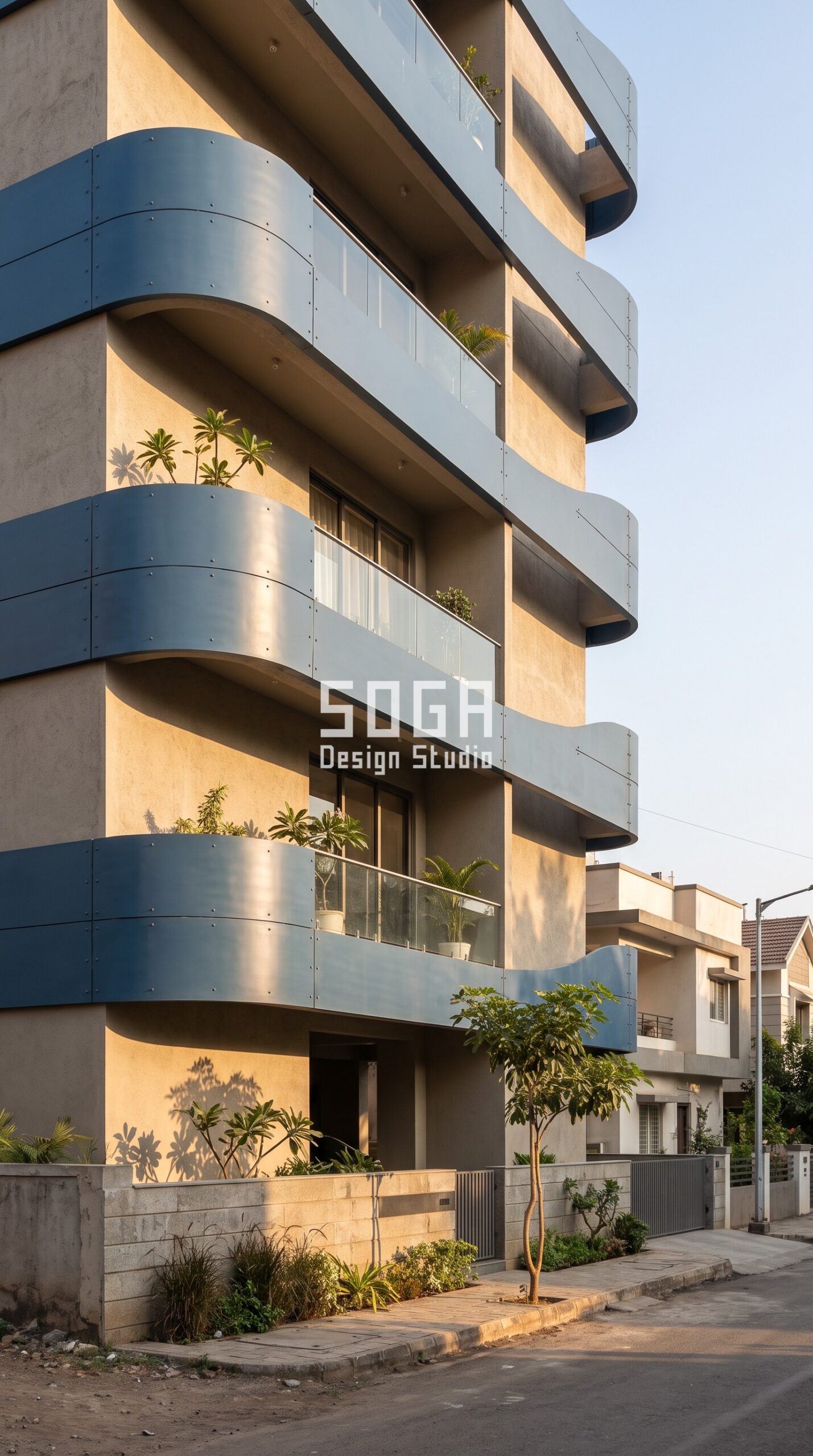 Birds Nesting Behind Elevation Panels India: 20 mm Rule 2 Parametric Tidal Pulse slate ocean blue steel facade, Viman Nagar, Pune - SOGA Design Studio