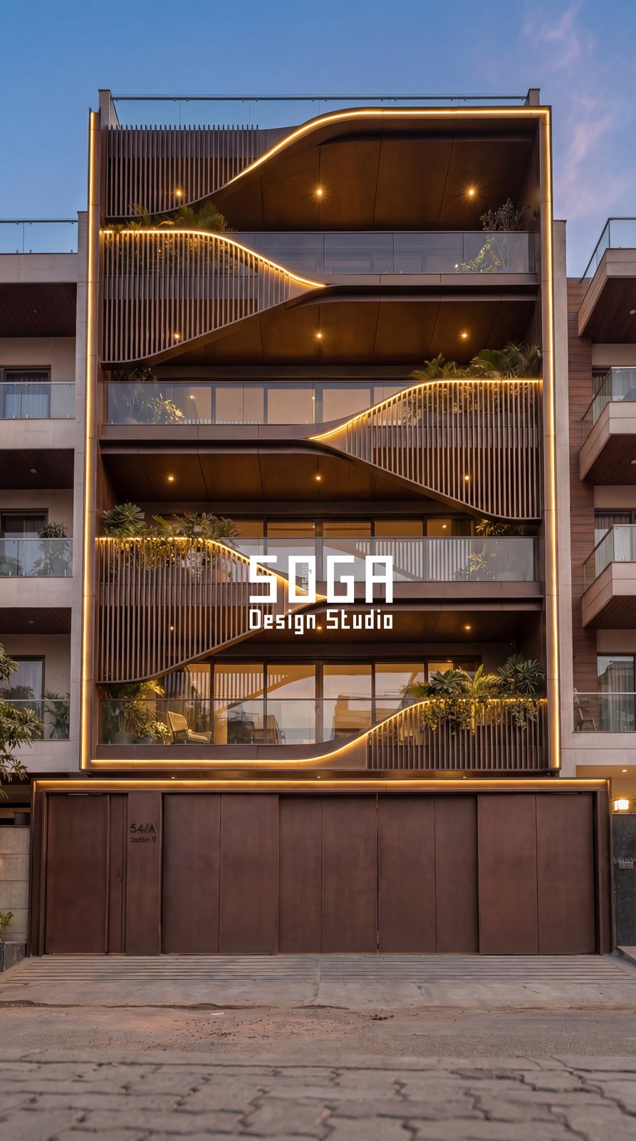 G+3 & G+4 Elevation Design India 2026: 8 Modern Facades 8 Bronze-tone curved balcony cutouts with LED edge lighting on a G+4 house elevation in India