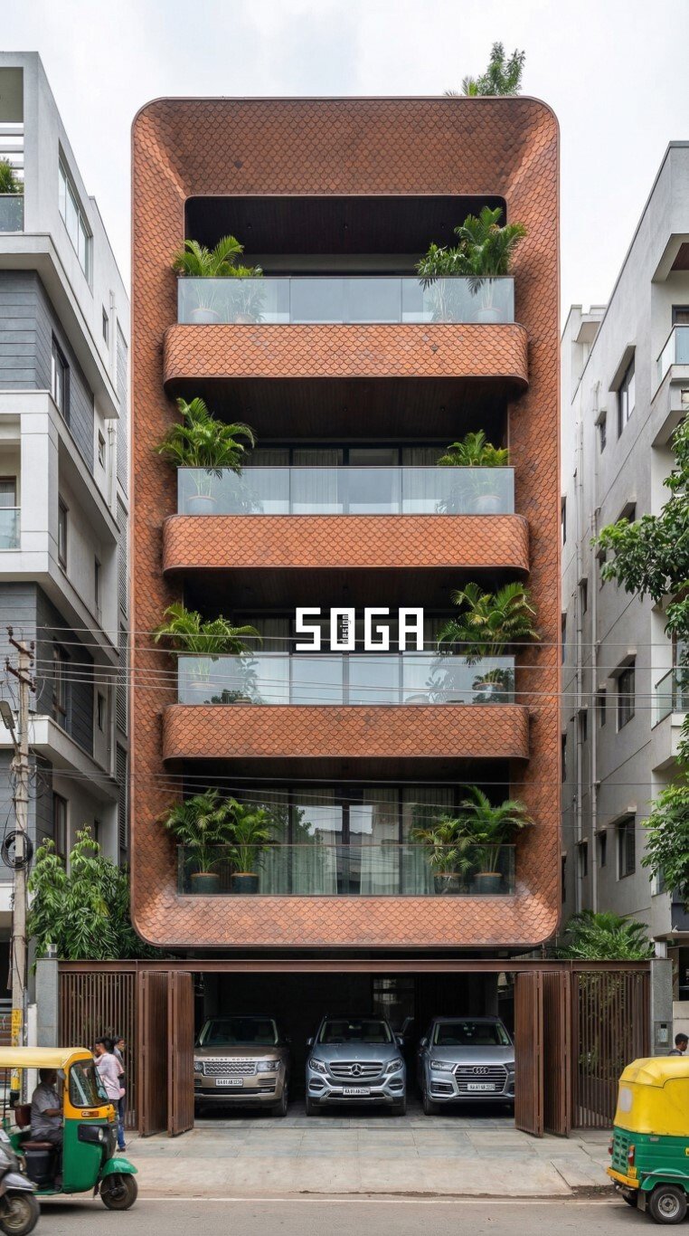 G+3 & G+4 Elevation Design India 2026: 8 Modern Facades 10 Copper-tone diamond-textured wrap facade with rounded corners on a G+4 house elevation India