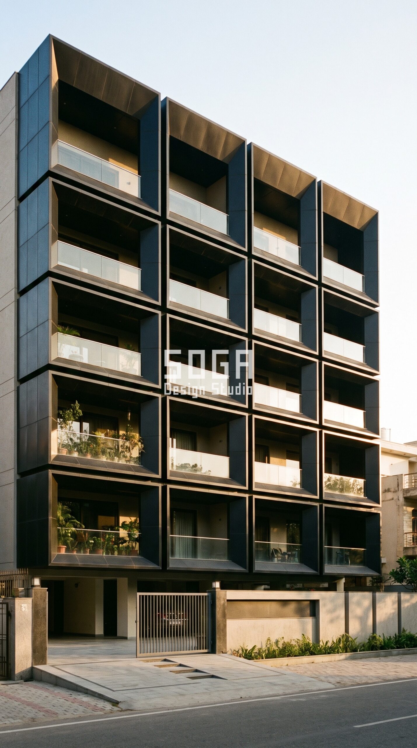 Elevation Design When Neighbour Builds Taller (India 2026) 4 Parametric Portal Grid charcoal black steel facade, Gurugram - SOGA Design Studio
