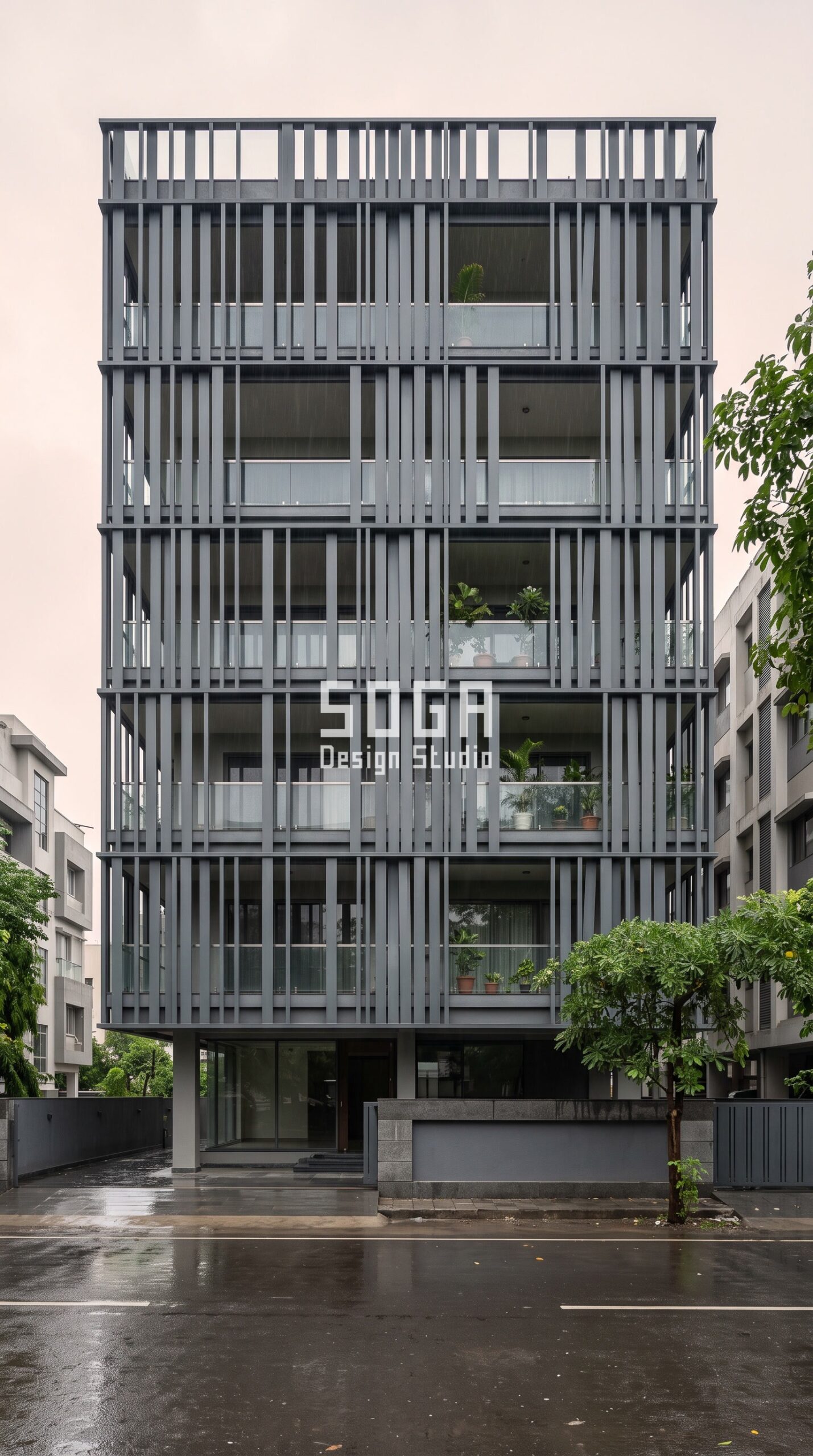 Elevation Design When Neighbour Builds Taller (India 2026) 2 Parametric Interlock Screen ral 7024 graphite grey steel facade, Vijay Nagar, Indore - SOGA Design Studio