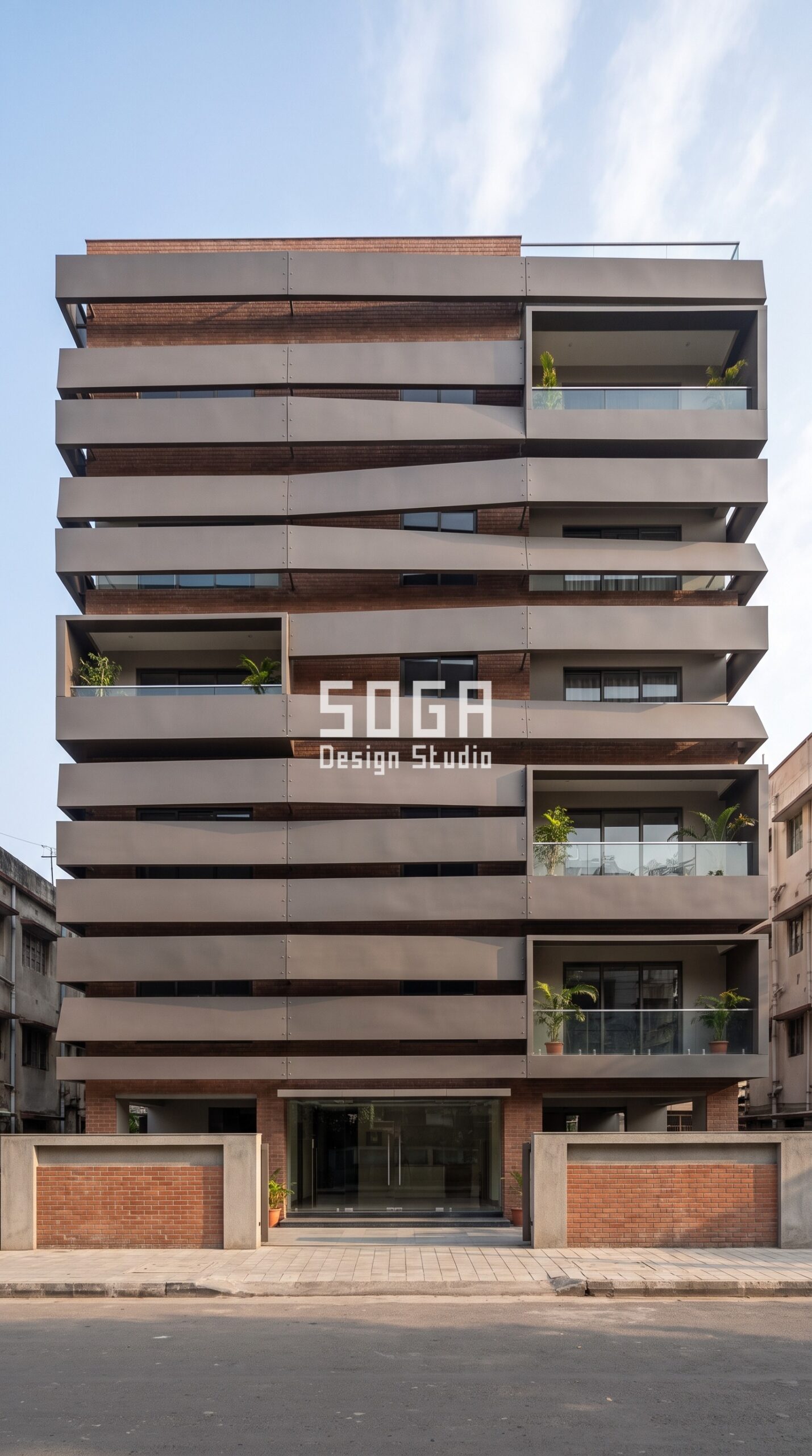 Elevation Design When Neighbour Builds Taller (India 2026) 3 Parametric Helix Weave ral 8019 grey brown steel facade, New Alipore, Kolkata - SOGA Design Studio