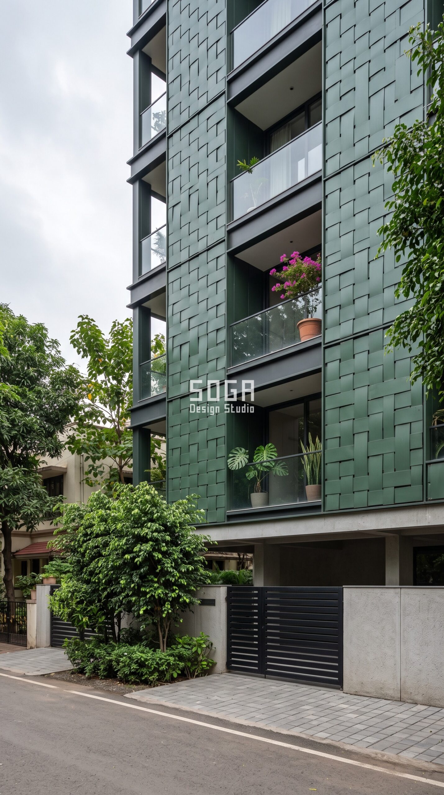 Facade Design Company in India 2026: Elevation Experts 2 Parametric Weave Tile green metal facade on a residential building in Bangalore by SOGA Design Studio, elevation design company India