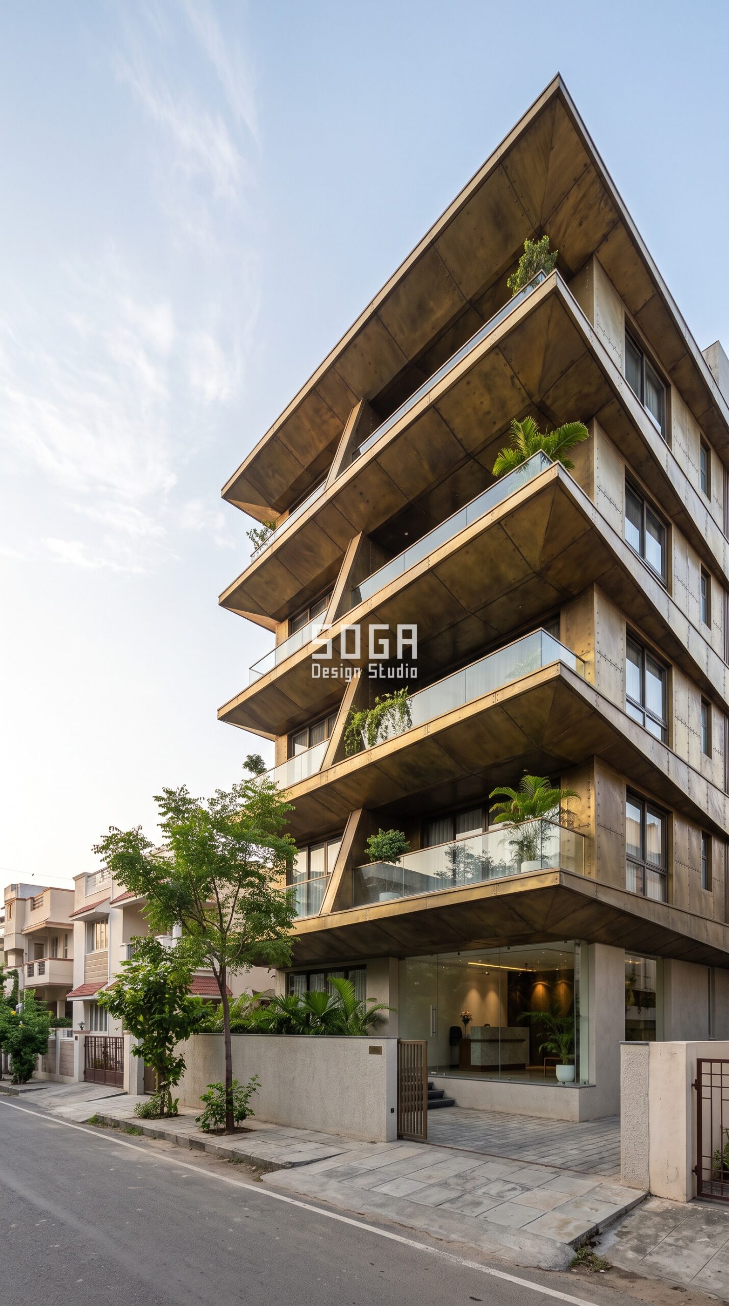 Facade Design Company in India 2026: Elevation Experts 3 Parametric Blade Cantilever bronze facade with deep cantilevered floor plates in Chennai by SOGA Design Studio