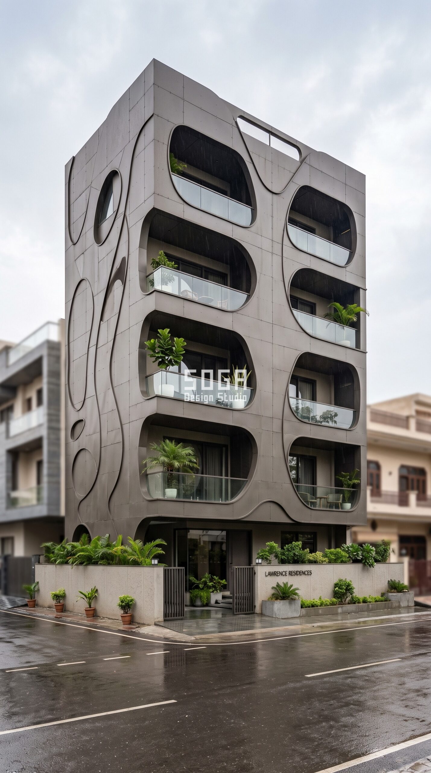 Facade Design Company in India 2026: Elevation Experts 4 Parametric Pebble Aperture facade with organic oval openings on a residential building in New Delhi by SOGA Design Studio