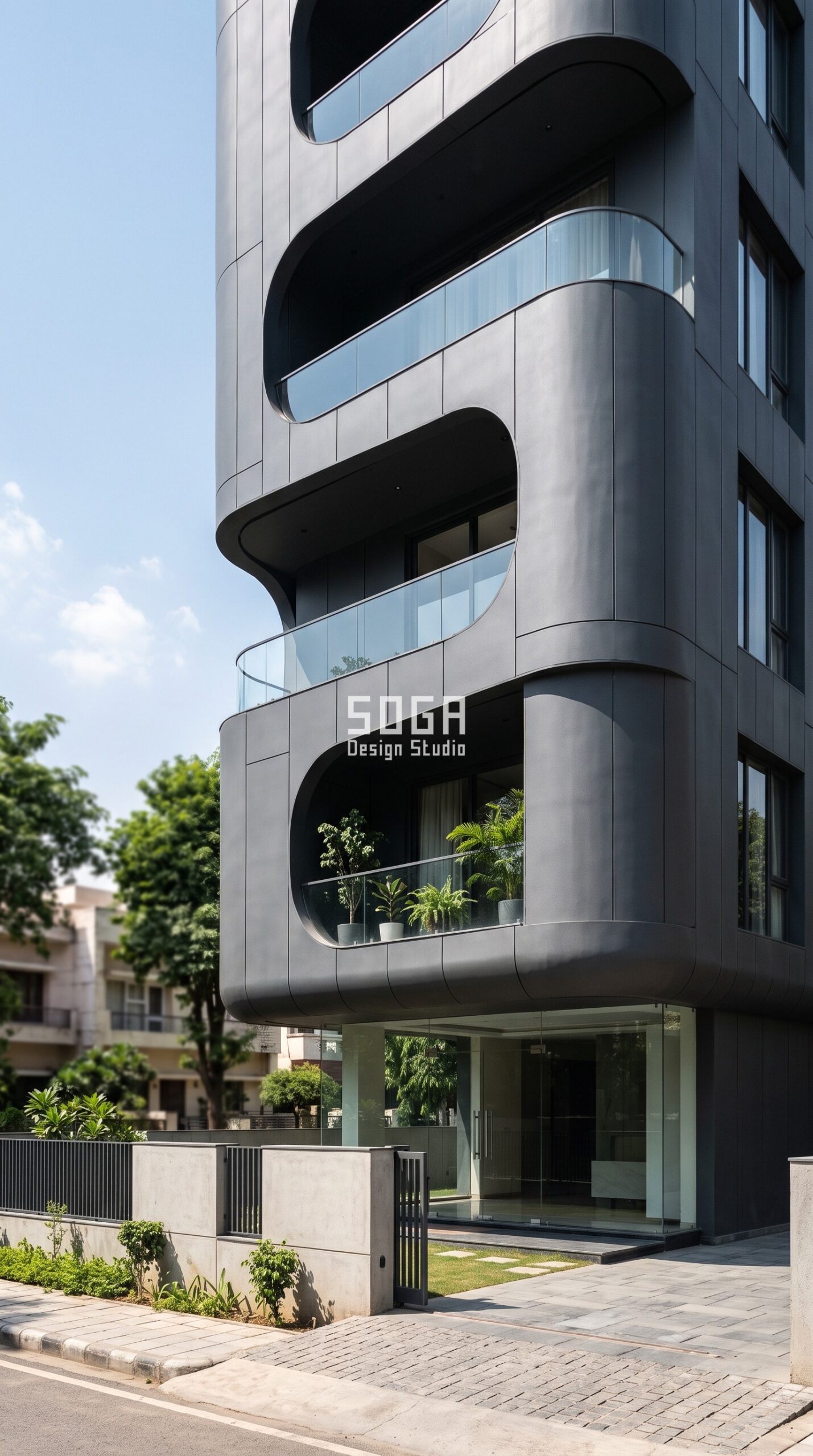 Facade Design Company in India 2026: Elevation Experts 7 Parametric Capsule Opening graphite grey facade with rounded balcony openings in Pune by SOGA Design Studio