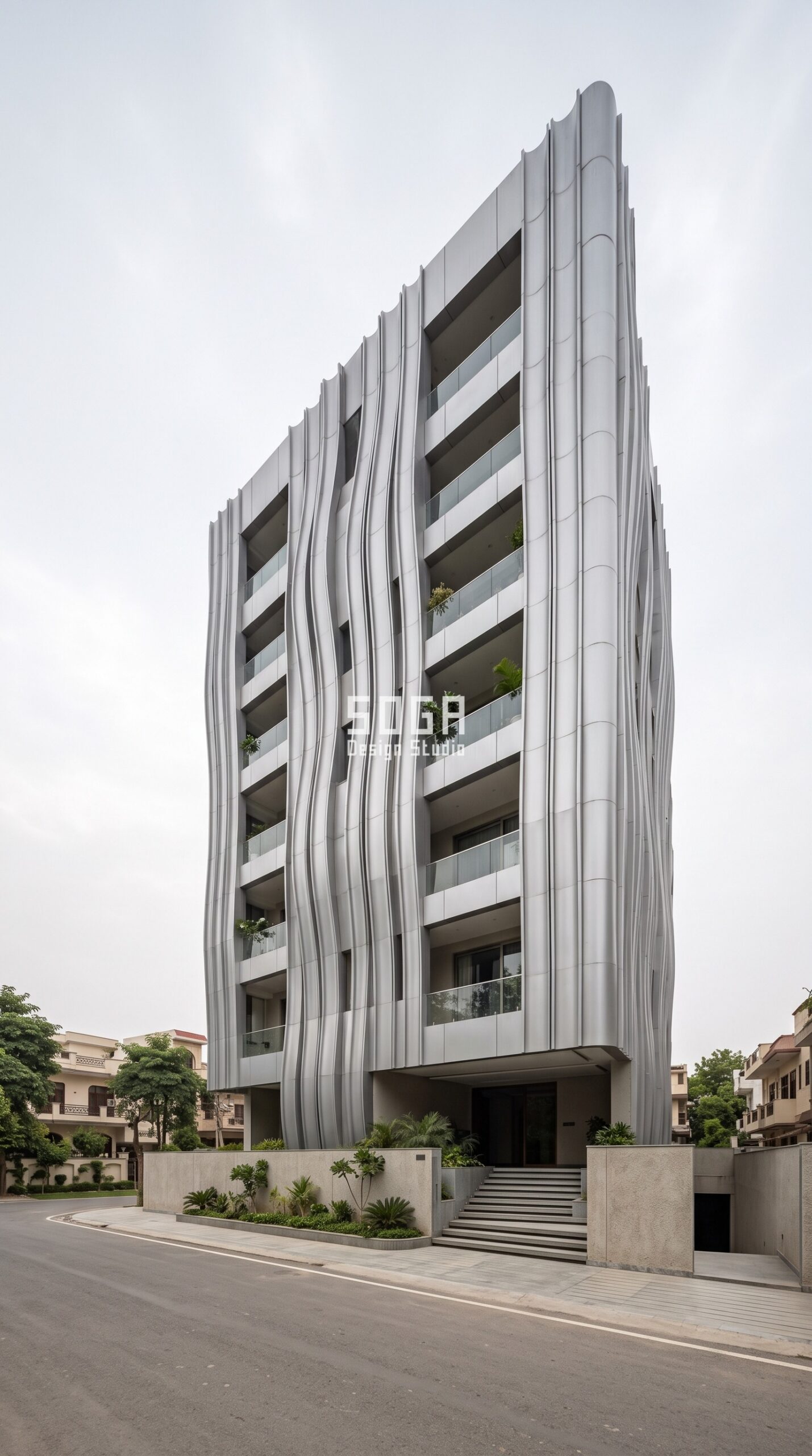 Facade Design Company in India 2026: Elevation Experts 8 Parametric Flute Fin brushed silver vertical fin facade on a residential tower in Kolkata by SOGA Design Studio