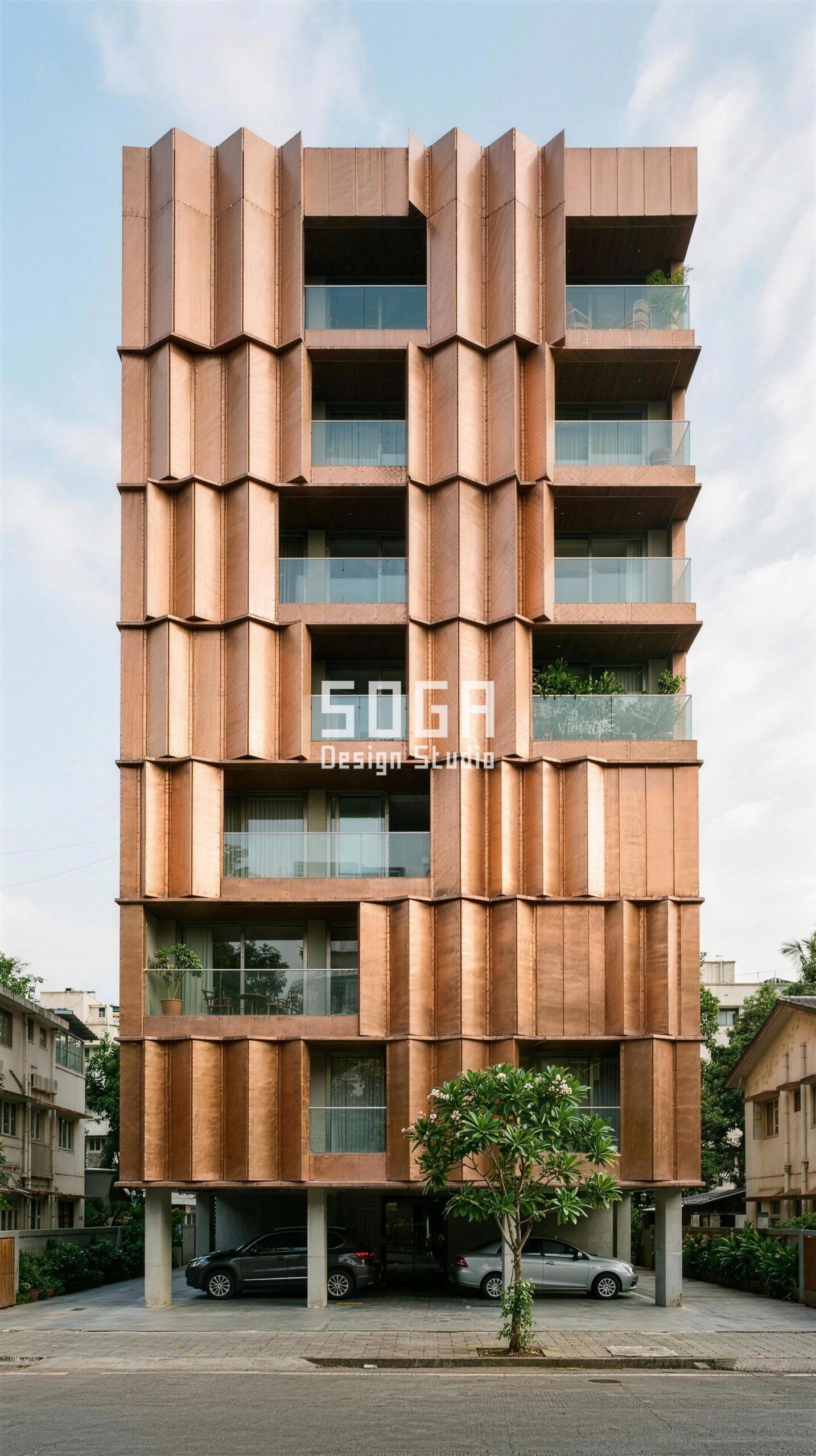 Facade Retrofit for an Existing House in India (2026) 4 Parametric Accordion Pier facade retrofit - folded copper fin wall hung off the slab edge, Malabar Hill, Mumbai
