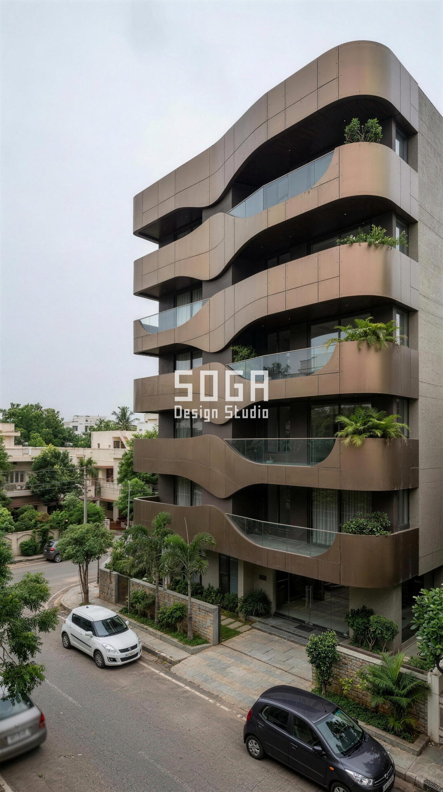 Facade Retrofit for an Existing House in India (2026) 2 Parametric Serpentine Coil iridescent bronze facade, Hyderabad - SOGA Design Studio