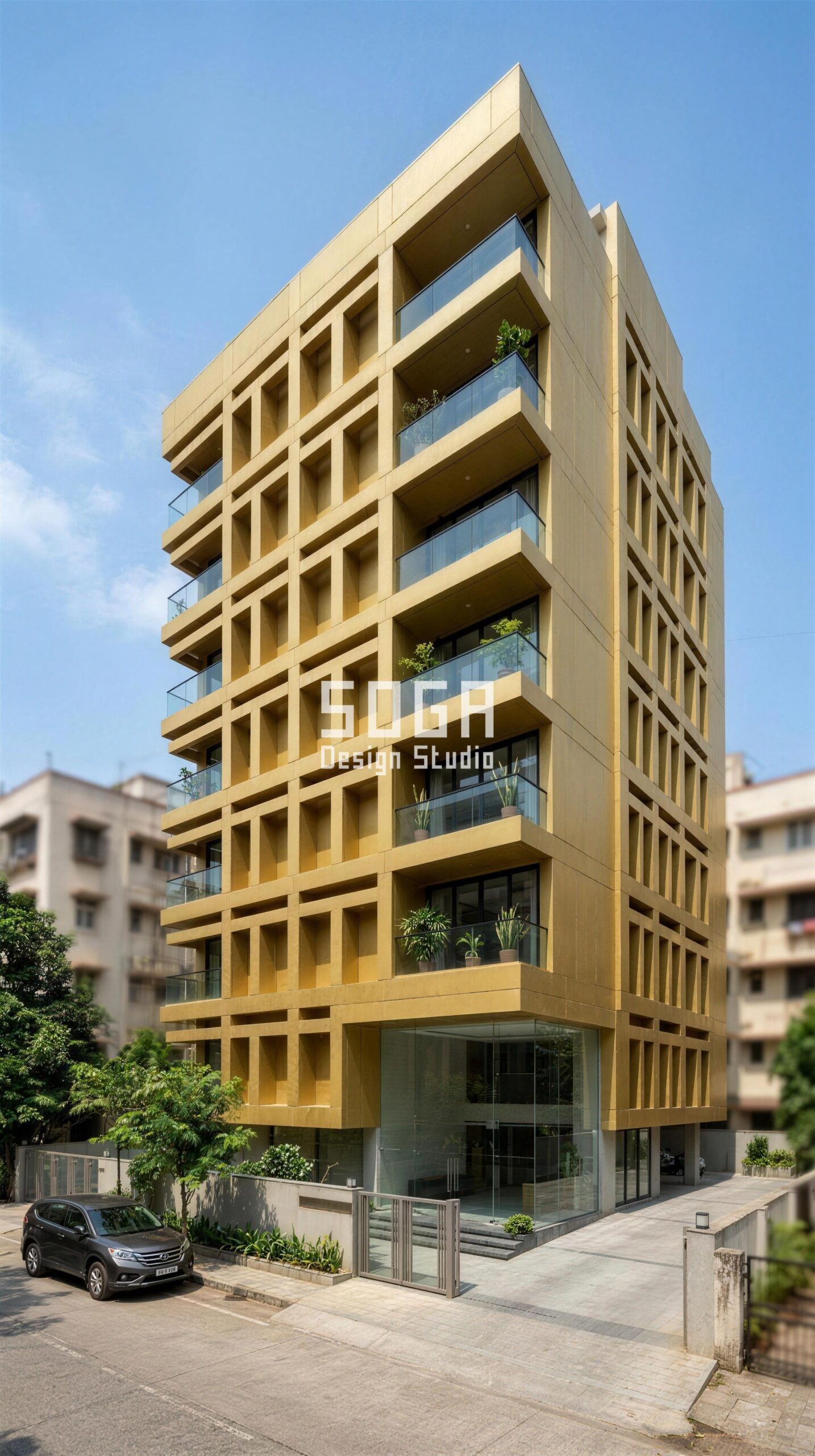 Facade Retrofit for an Existing House in India (2026) 3 Parametric Tau Aperture gold stainless steel sheeting facade, Santacruz West, Mumbai - SOGA Design Studio