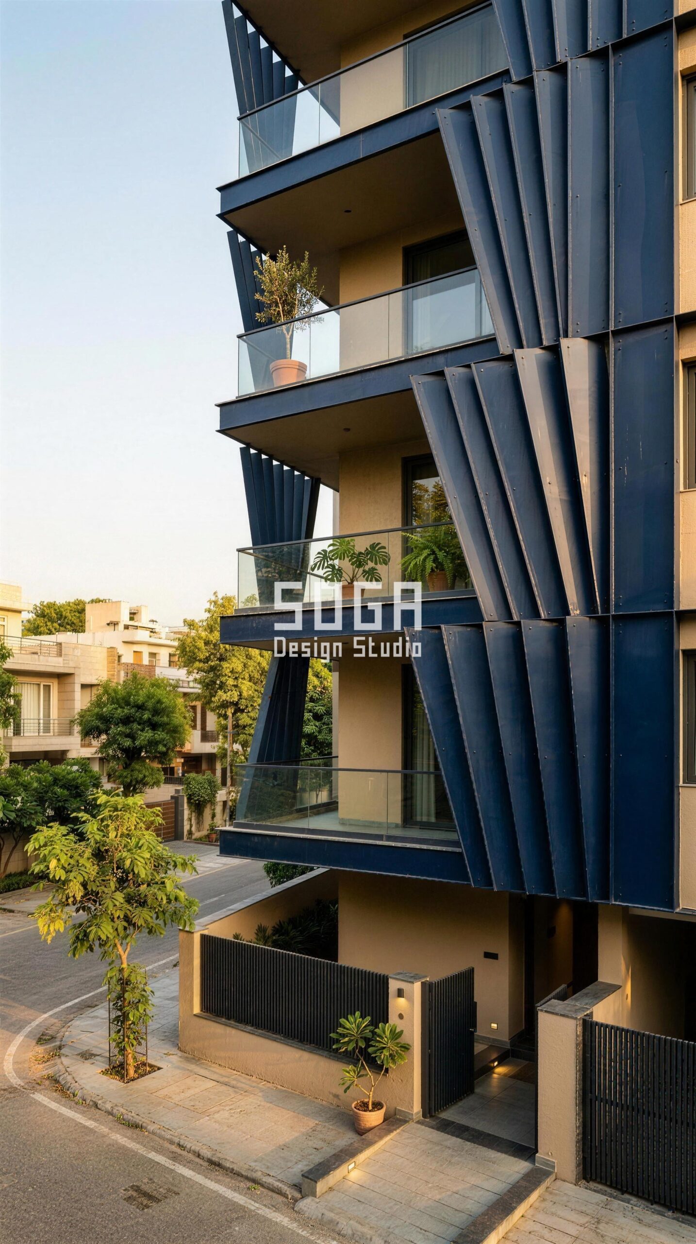 Facade Retrofit for an Existing House in India (2026) 4 Parametric Plume Vane deep navy blue panelled facade, Defence Colony, New Delhi - SOGA Design Studio