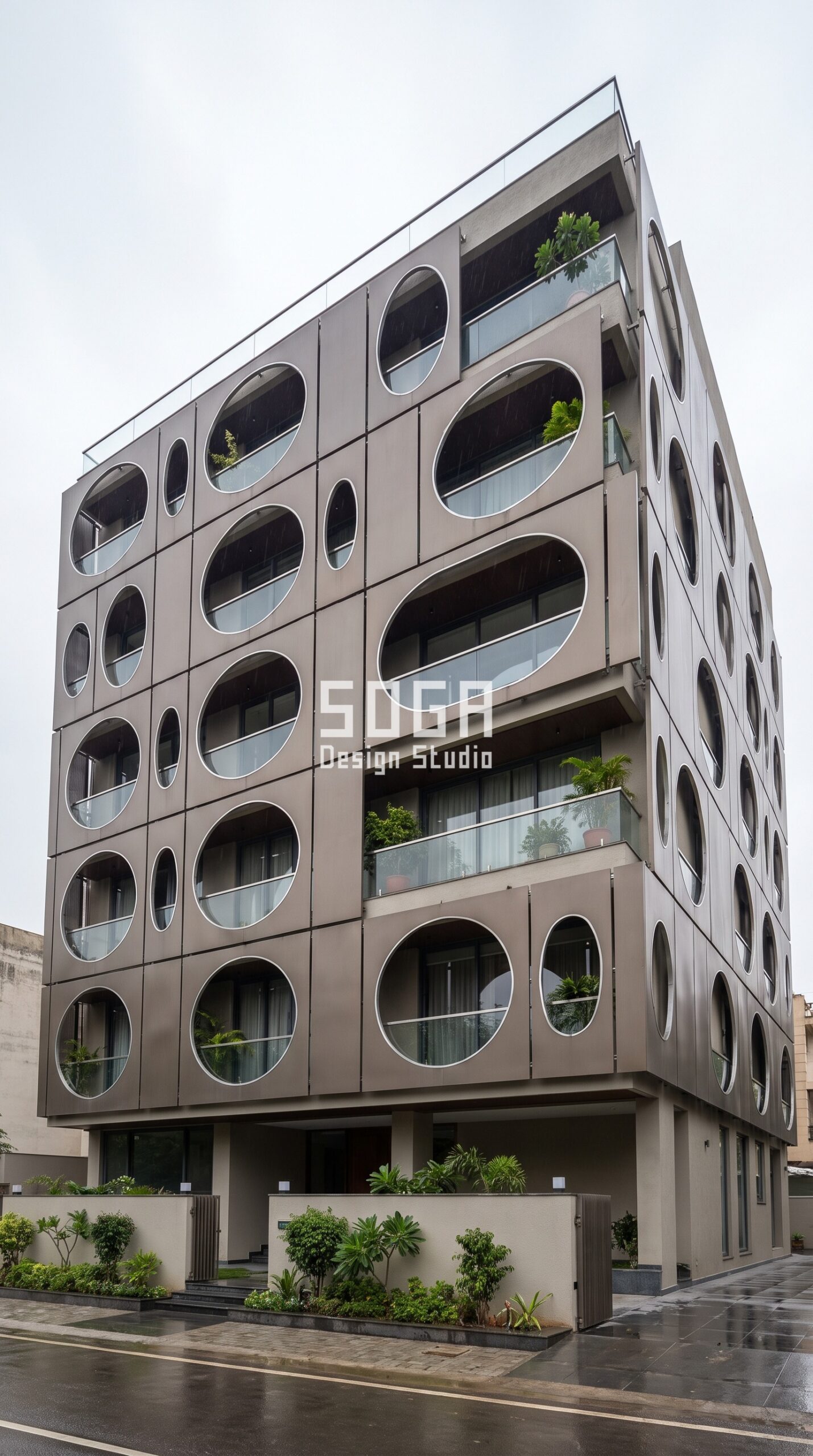 Does a Facade Screen Block Mobile Signal? India 2026 2 Parametric Ellipse Screen smoky bronze metal facade, Chandigarh - SOGA Design Studio