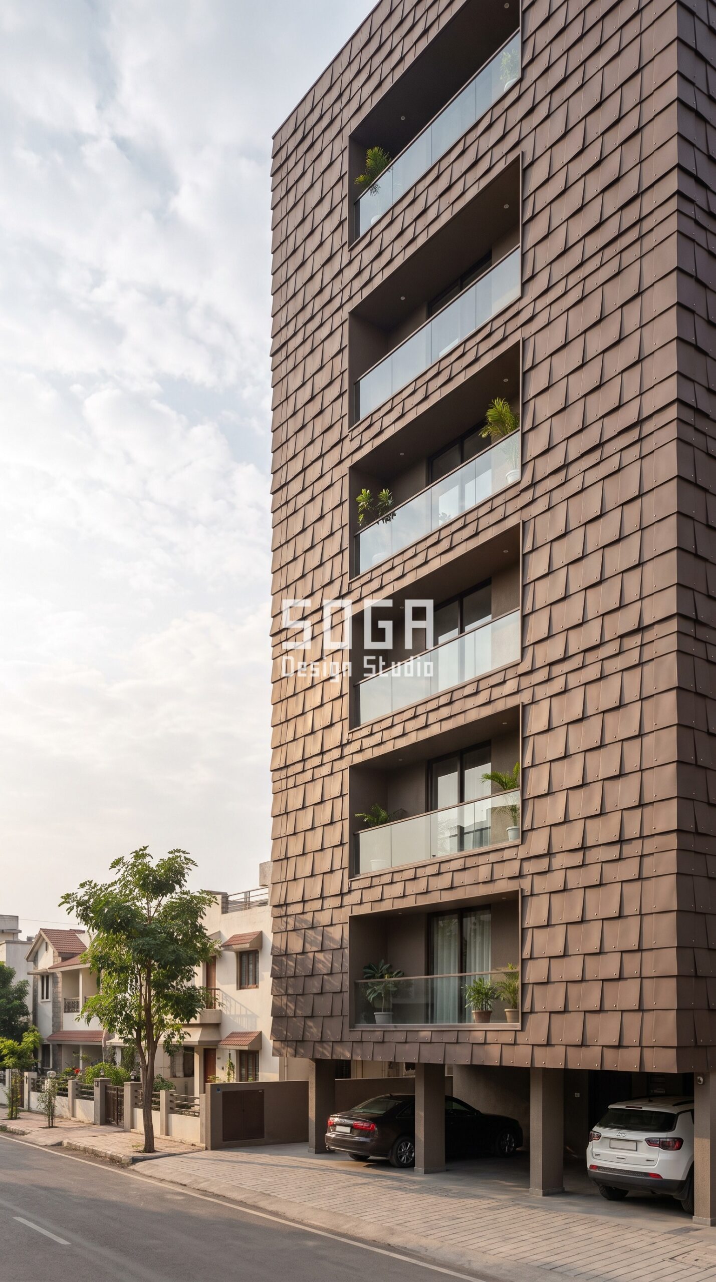Does a Facade Screen Block Mobile Signal? India 2026 1 Parametric Scallop Shell ral 8014 sepia brown steel facade, Piplod, Surat - SOGA Design Studio