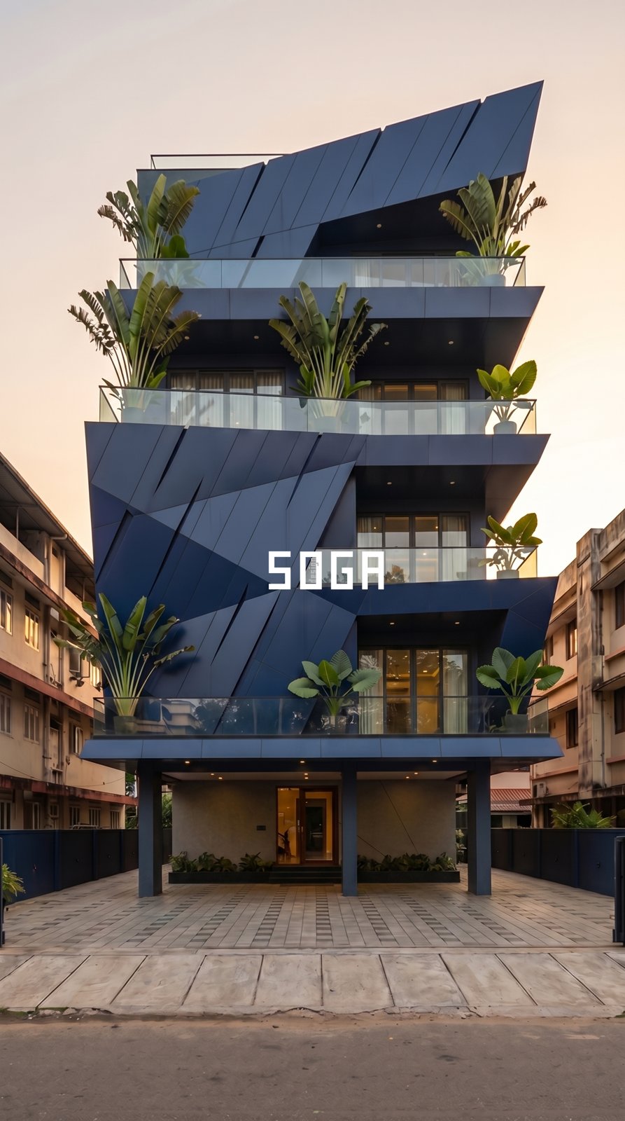 G+3 & G+4 Elevation Design India 2026: 8 Modern Facades 4 Navy faceted folded metal panel elevation on a G+4 house, angular 3D relief facade in India
